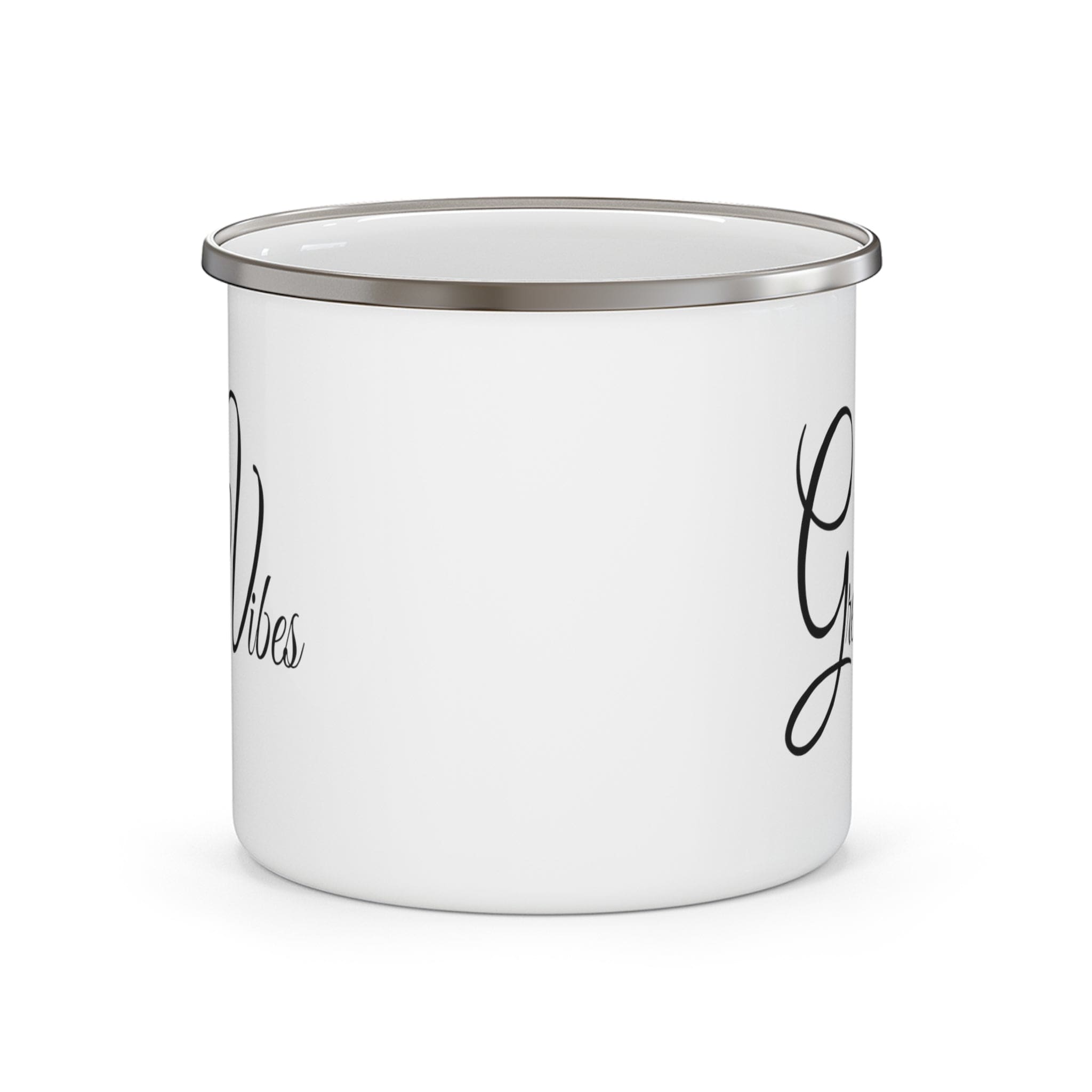 Durable enamel camping mug with a stylish black illustration, perfect for coffee and outdoor adventures.