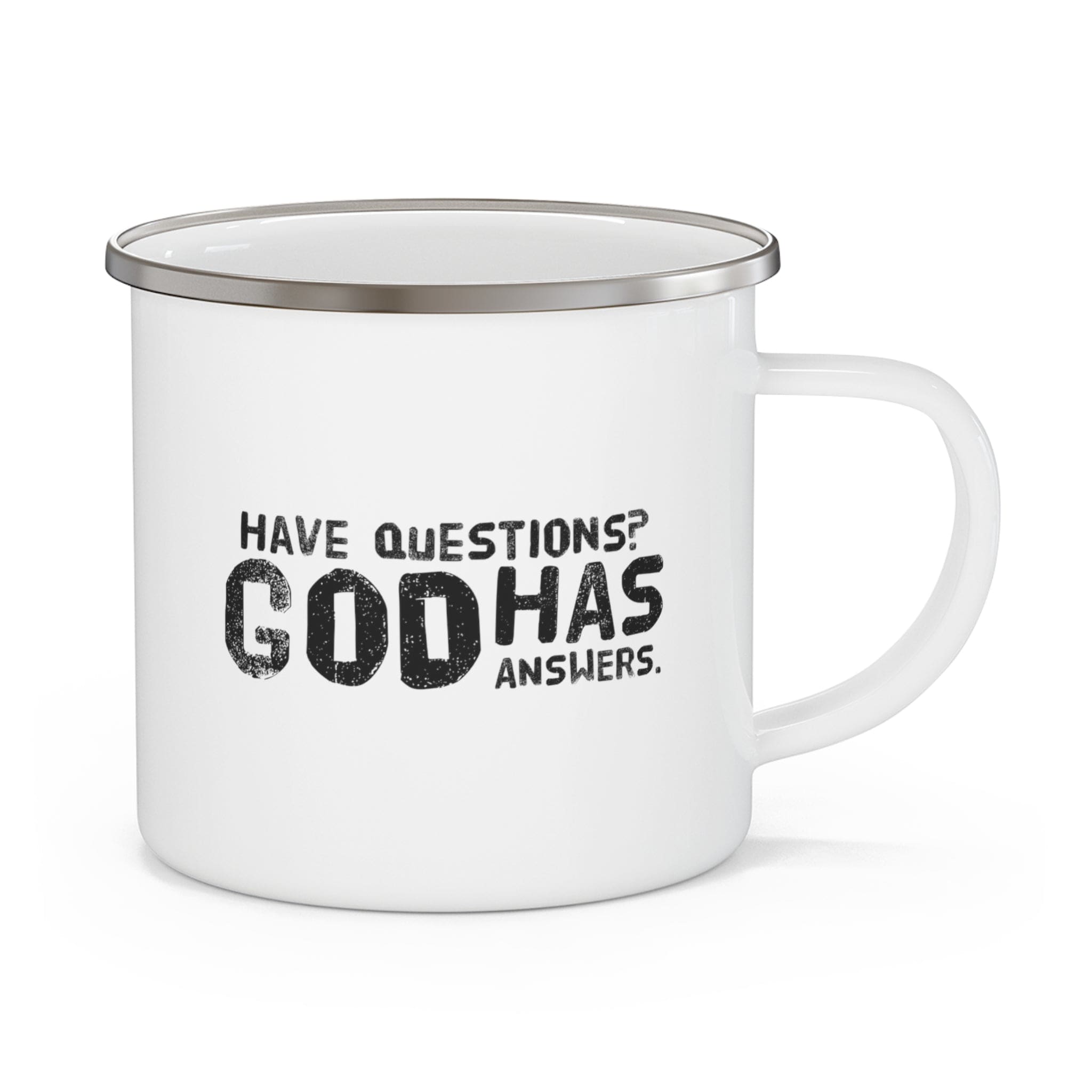 Durable enamel camping mug featuring a black illustration with the text 'Questions God has Answers', perfect for outdoor and indoor use.