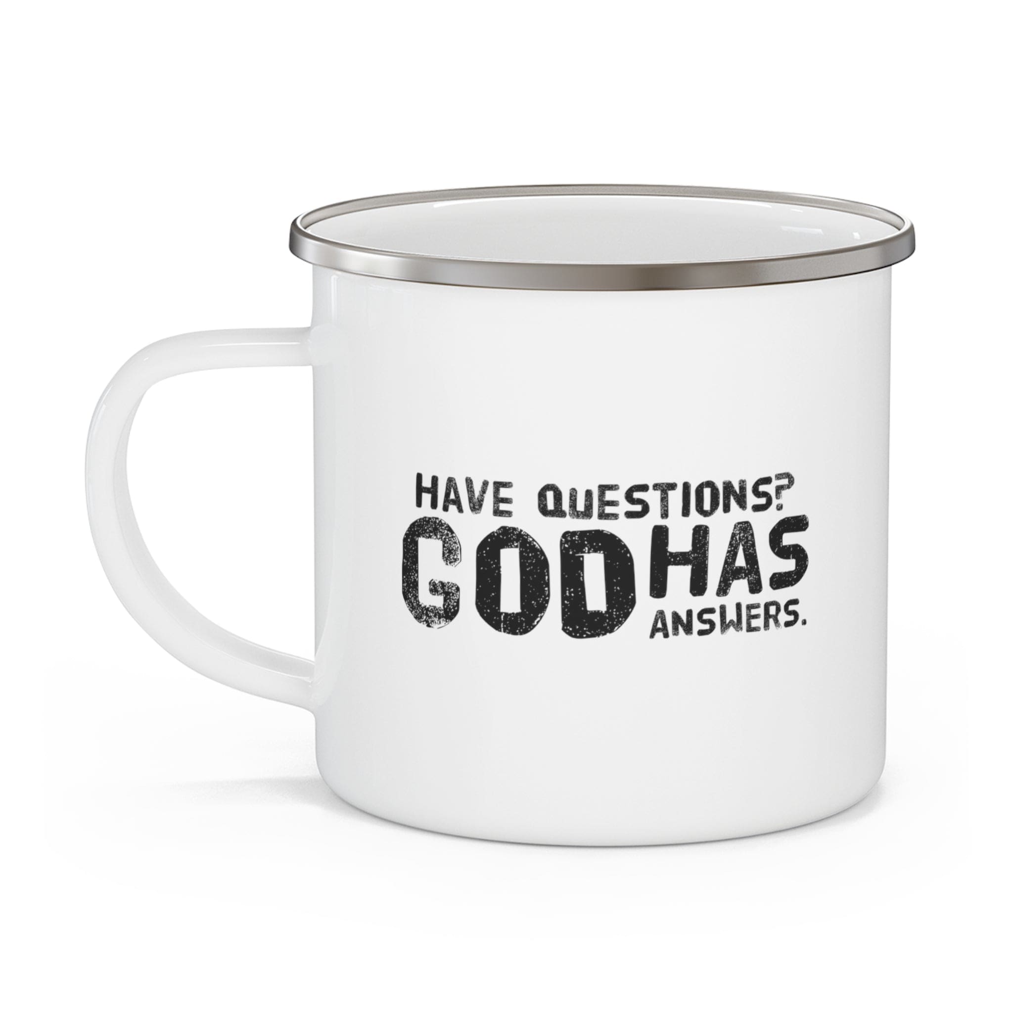 Durable enamel camping mug featuring a black illustration with the text 'Questions God has Answers', perfect for outdoor and indoor use.