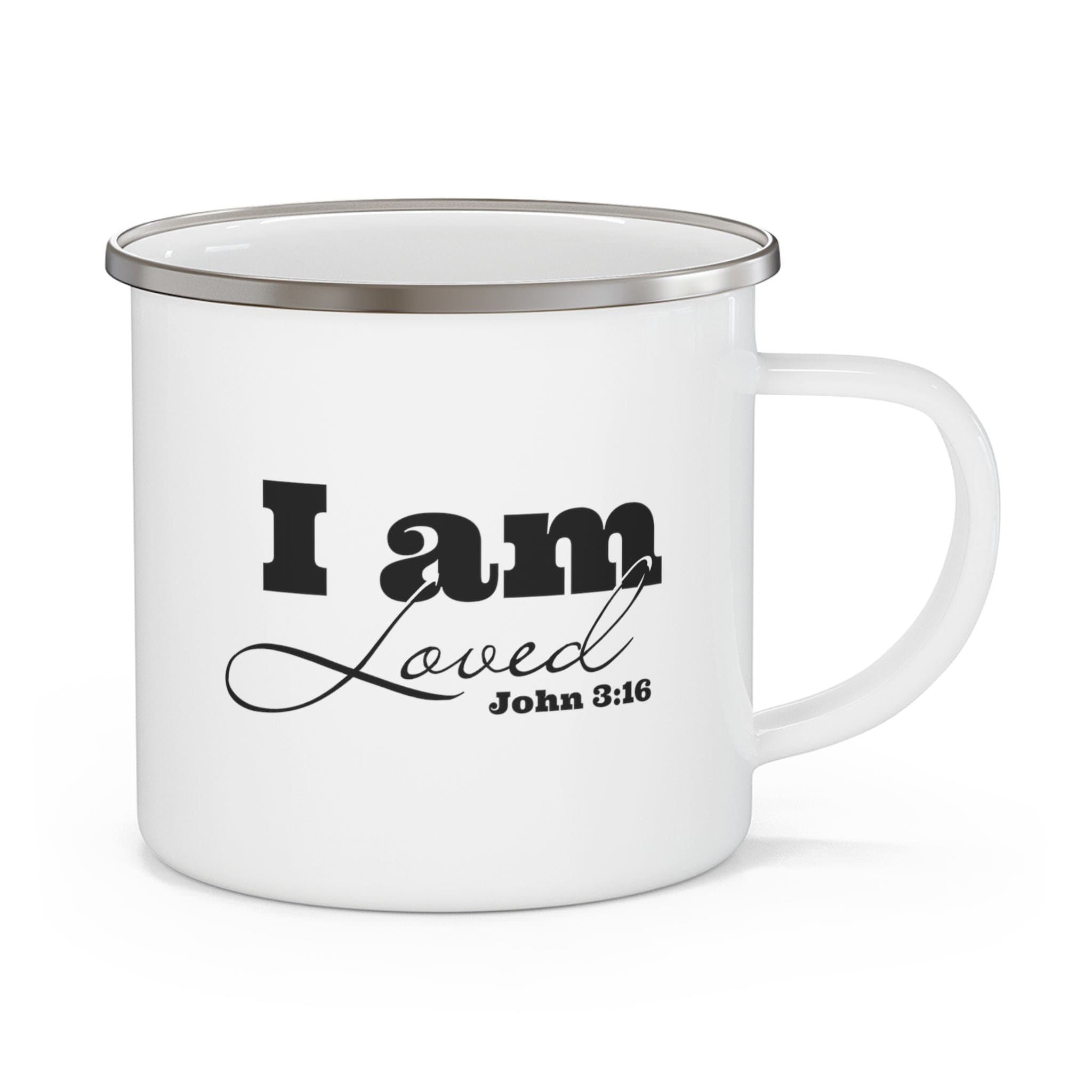 Durable enamel camping mug with 'I am Loved' - John 3:16 black illustration, perfect for outdoor and indoor use.