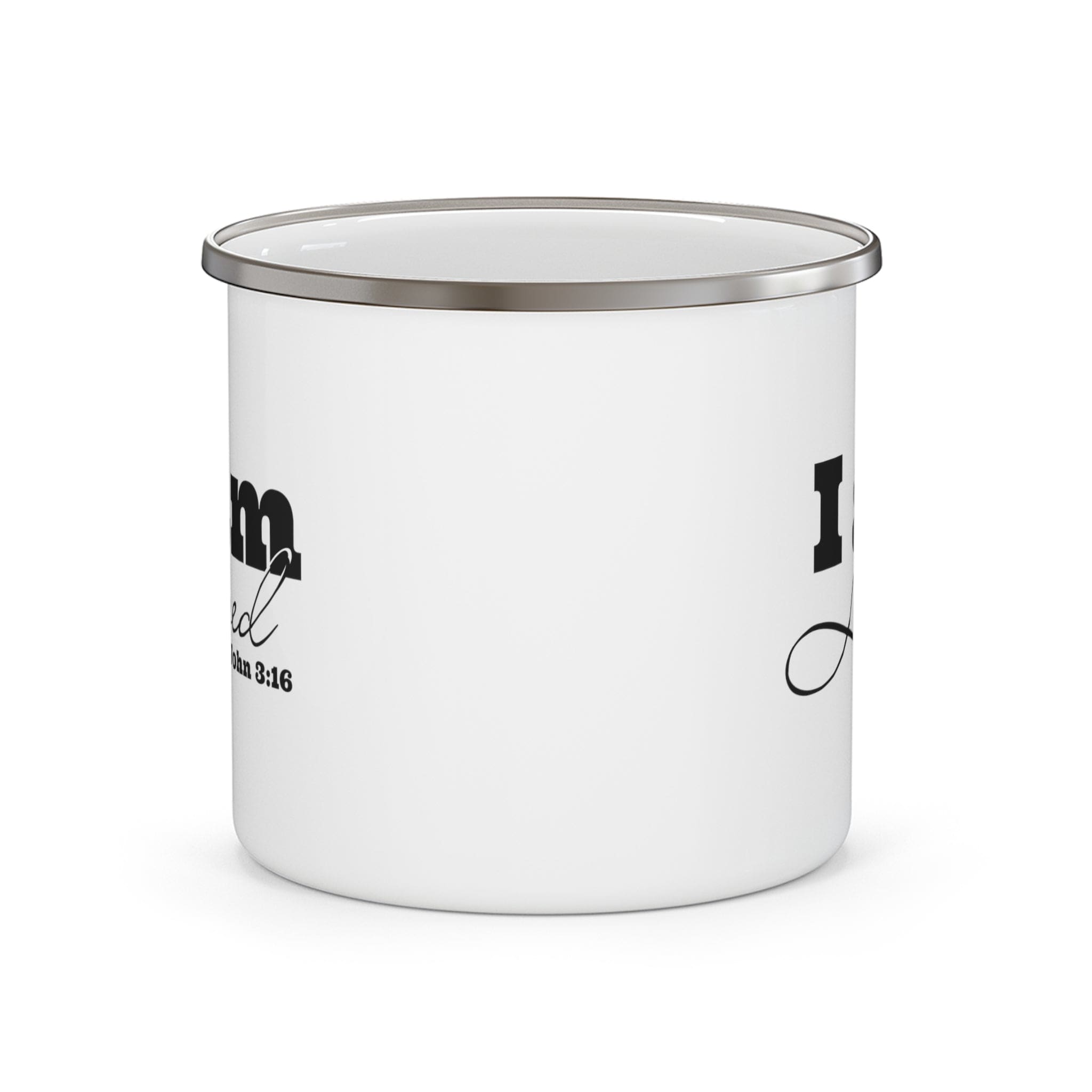 Durable enamel camping mug with 'I am Loved' - John 3:16 black illustration, perfect for outdoor and indoor use.