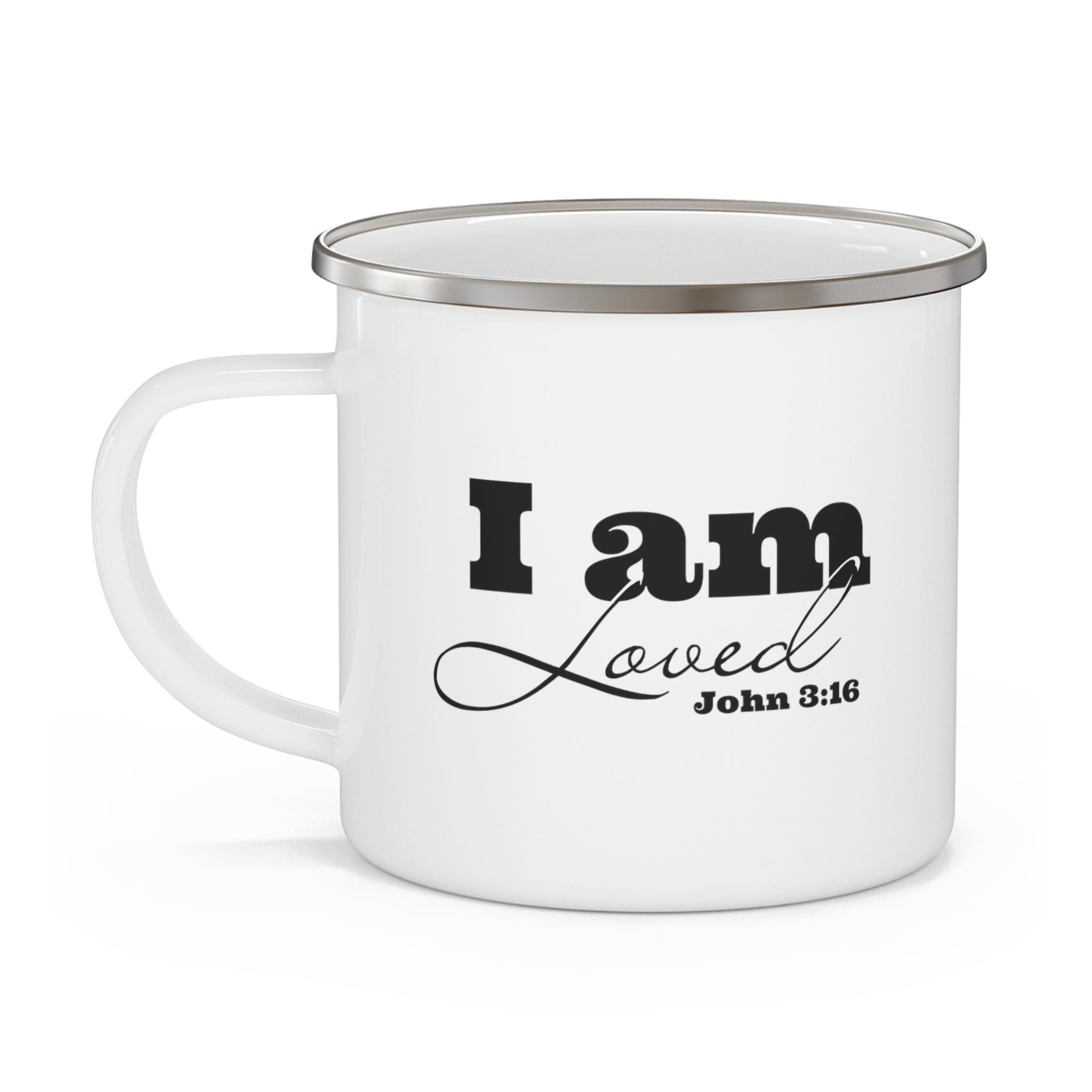 Durable enamel camping mug with 'I am Loved' - John 3:16 black illustration, perfect for outdoor and indoor use.