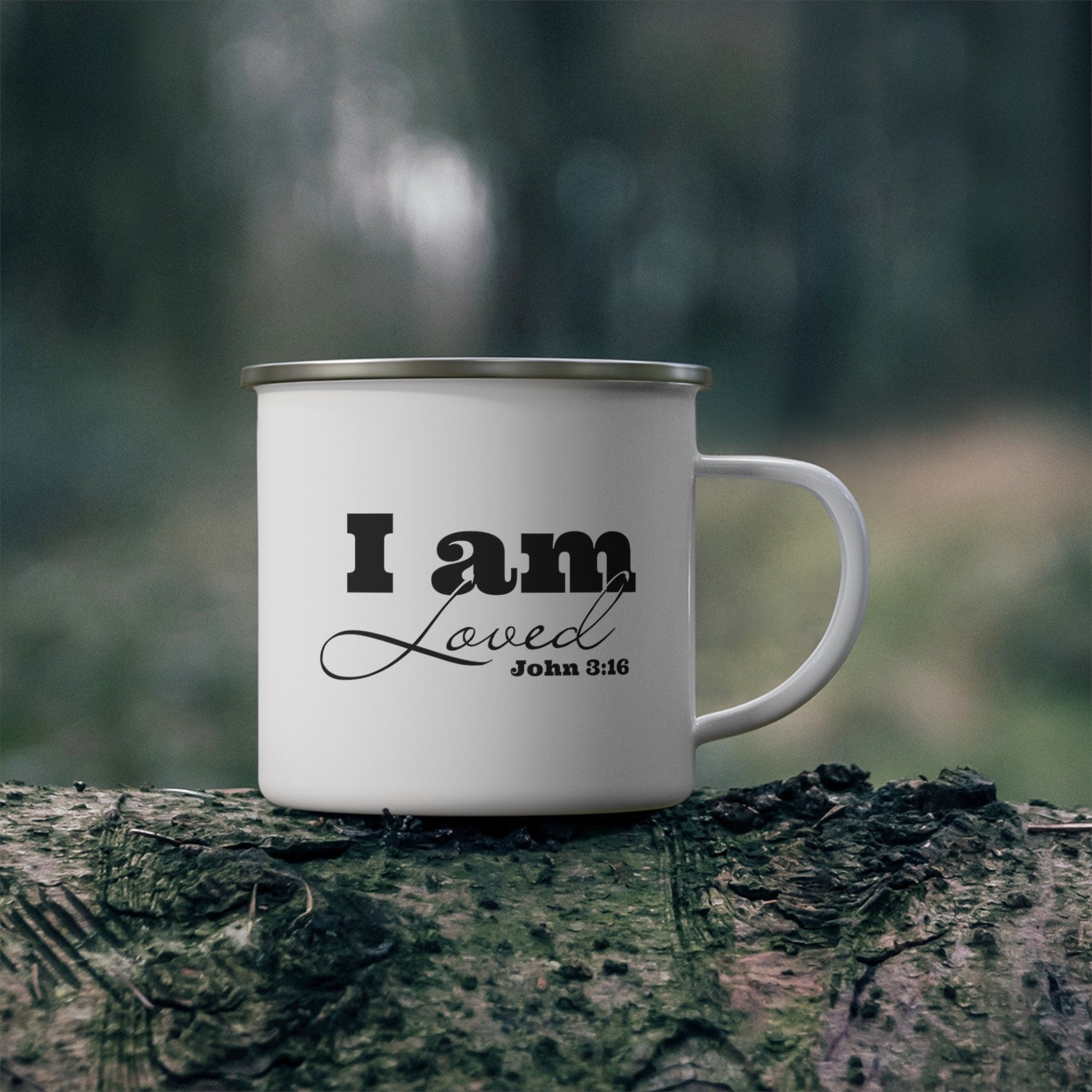 Durable enamel camping mug with 'I am Loved' - John 3:16 black illustration, perfect for outdoor and indoor use.