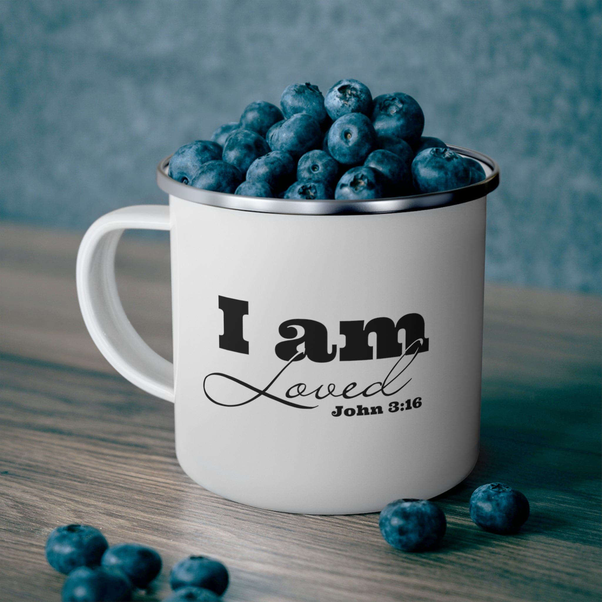 Durable enamel camping mug with 'I am Loved' - John 3:16 black illustration, perfect for outdoor and indoor use.