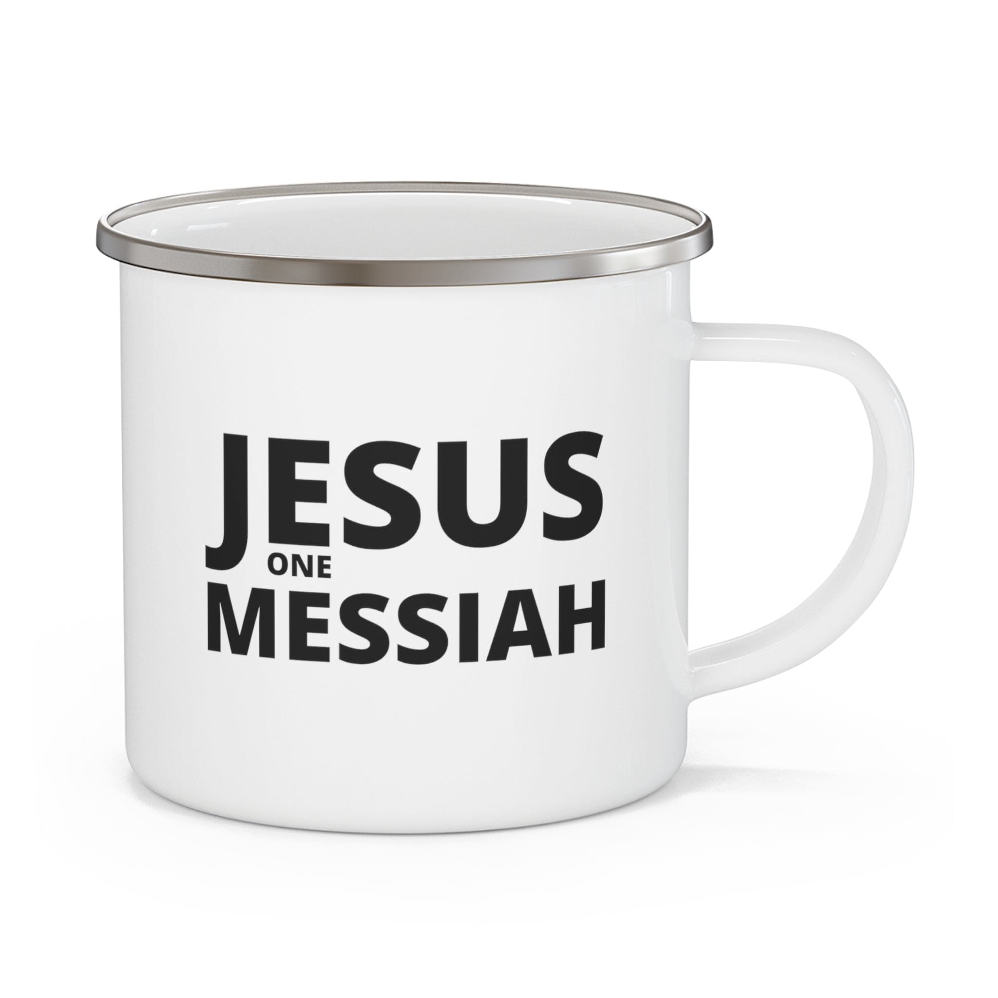 Durable enamel camping mug featuring a black illustration of Jesus, perfect for outdoor and indoor use.