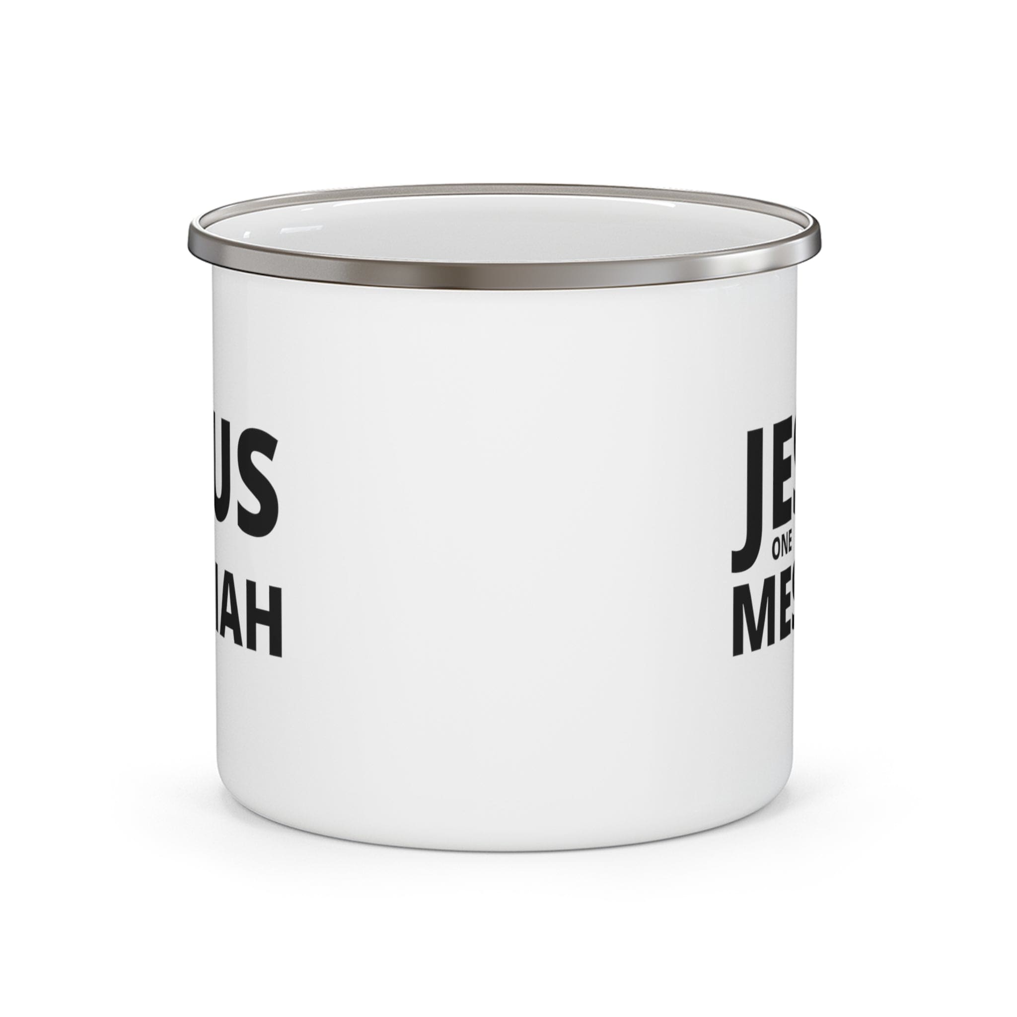 Durable enamel camping mug featuring a black illustration of Jesus, perfect for outdoor and indoor use.