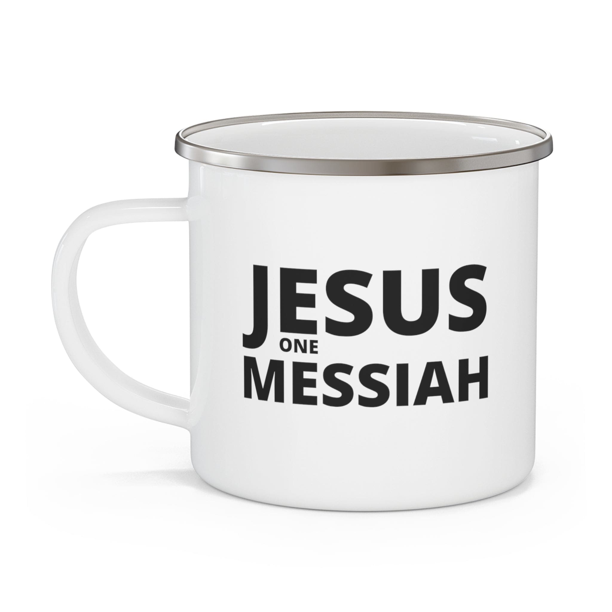 Durable enamel camping mug featuring a black illustration of Jesus, perfect for outdoor and indoor use.