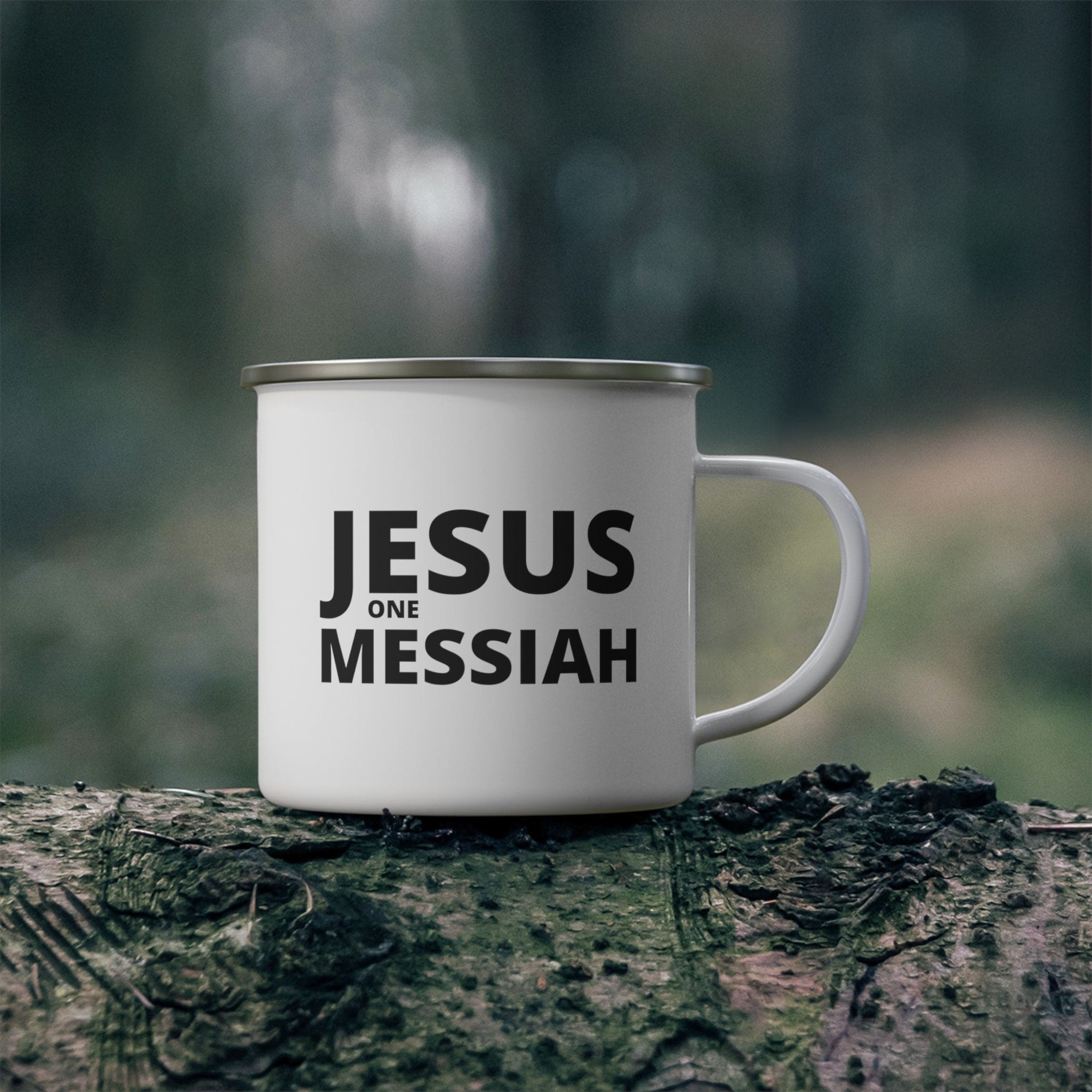 Durable enamel camping mug featuring a black illustration of Jesus, perfect for outdoor and indoor use.