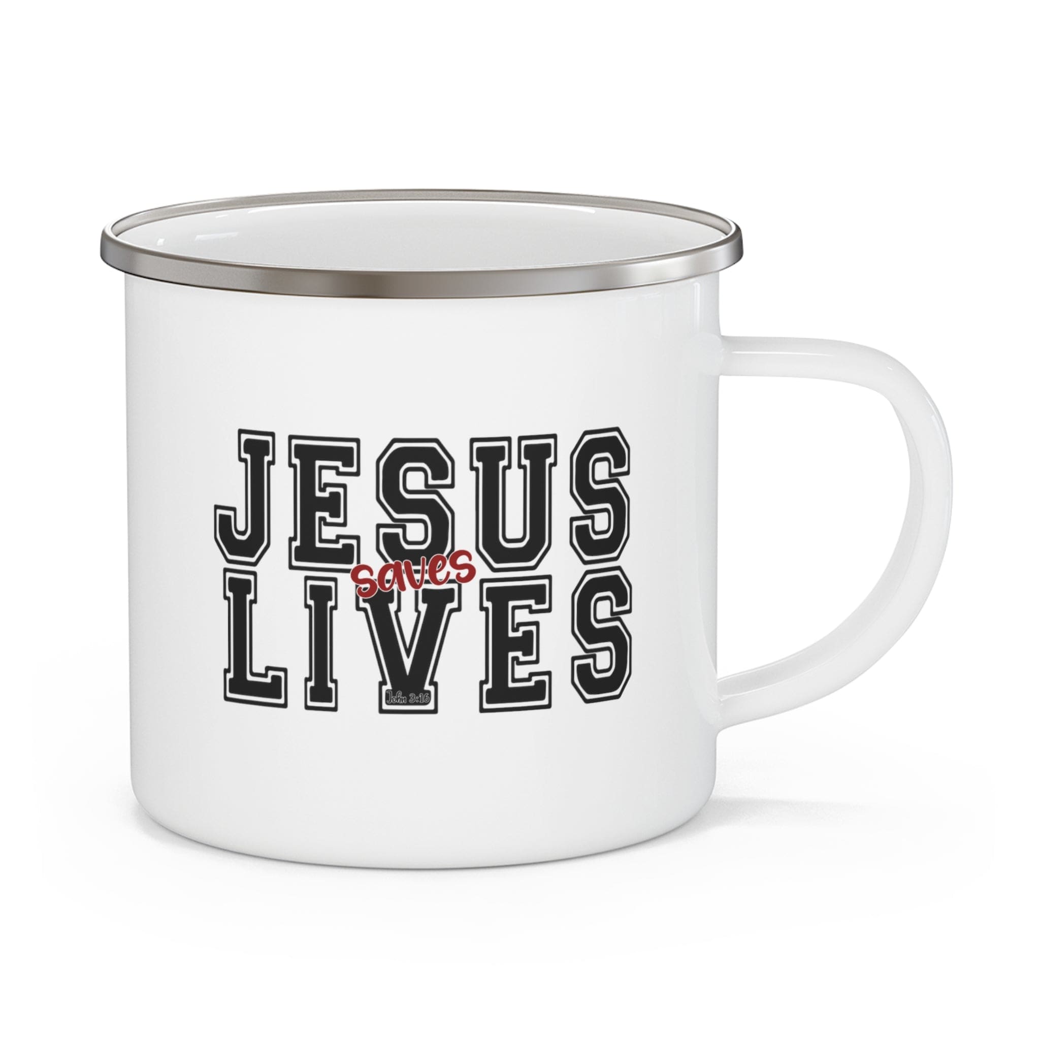 Durable enamel camping mug featuring a bold black and red 'Jesus Saves Lives' illustration, perfect for outdoor adventures.