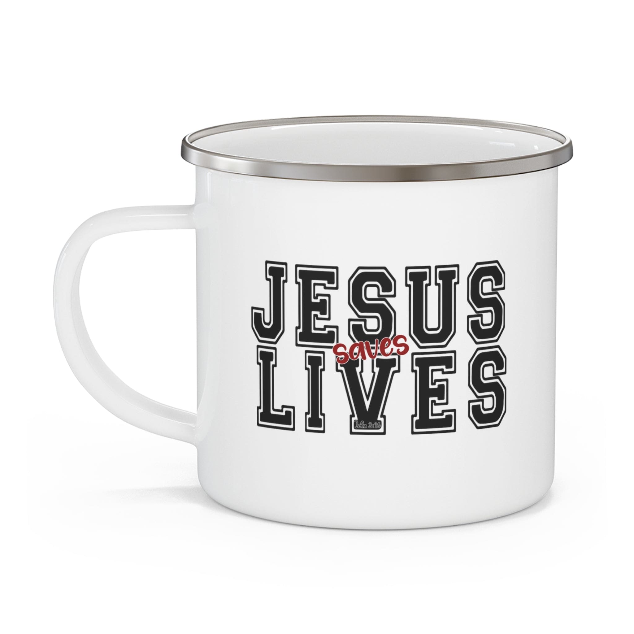 Durable enamel camping mug featuring a bold black and red 'Jesus Saves Lives' illustration, perfect for outdoor adventures.