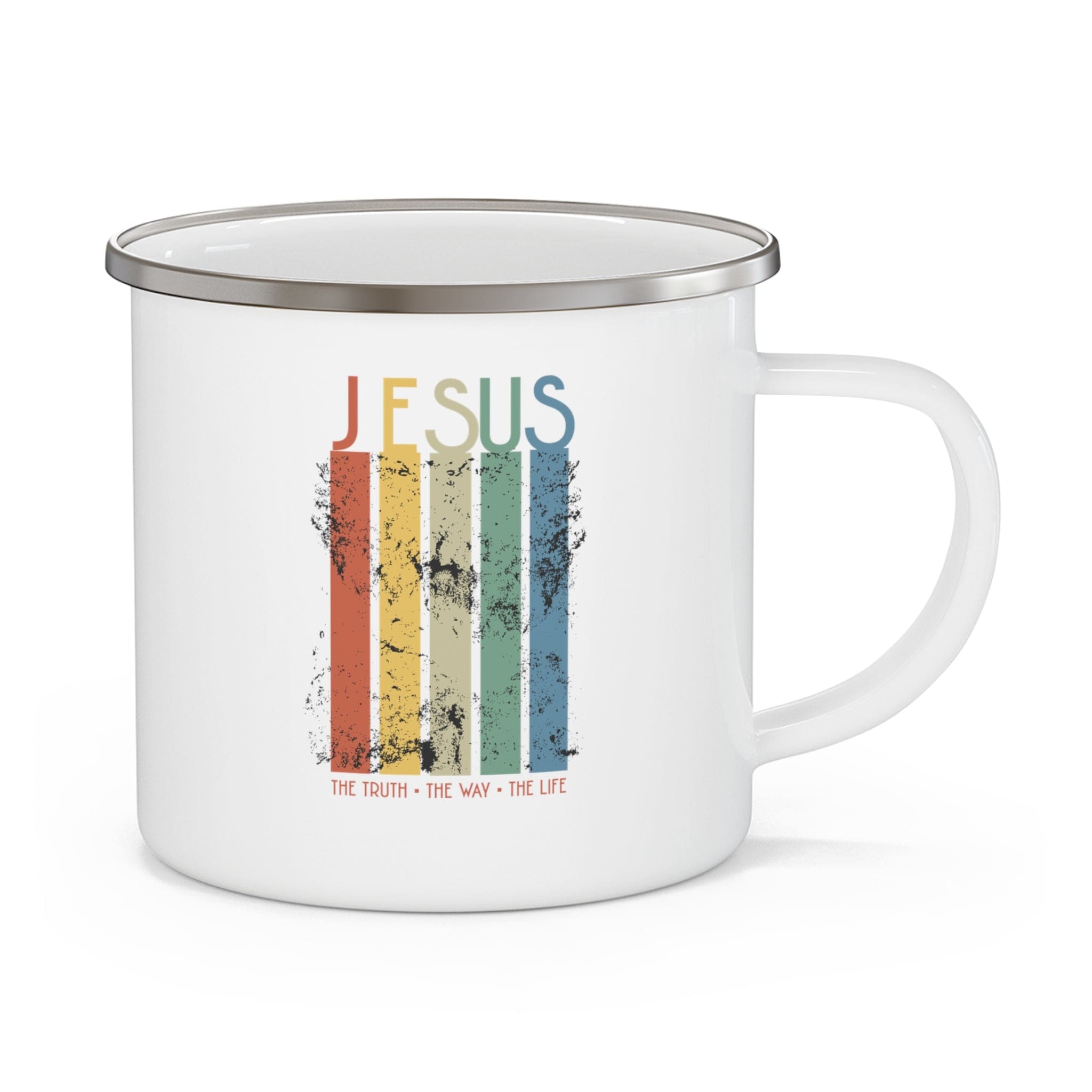 Durable enamel camping mug with Christian message 'Jesus the Truth the Way the Life', perfect for outdoor and indoor use.