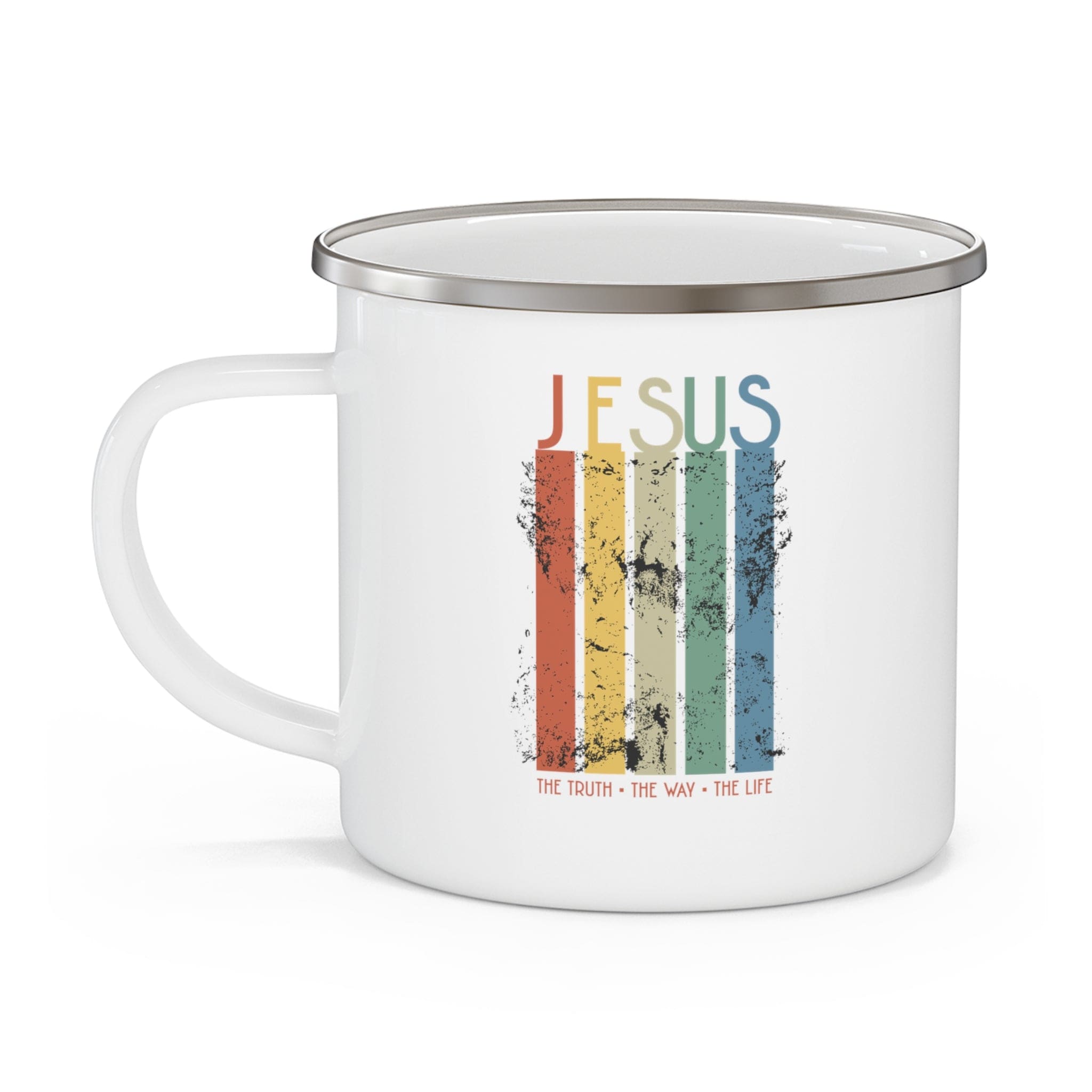 Durable enamel camping mug with Christian message 'Jesus the Truth the Way the Life', perfect for outdoor and indoor use.