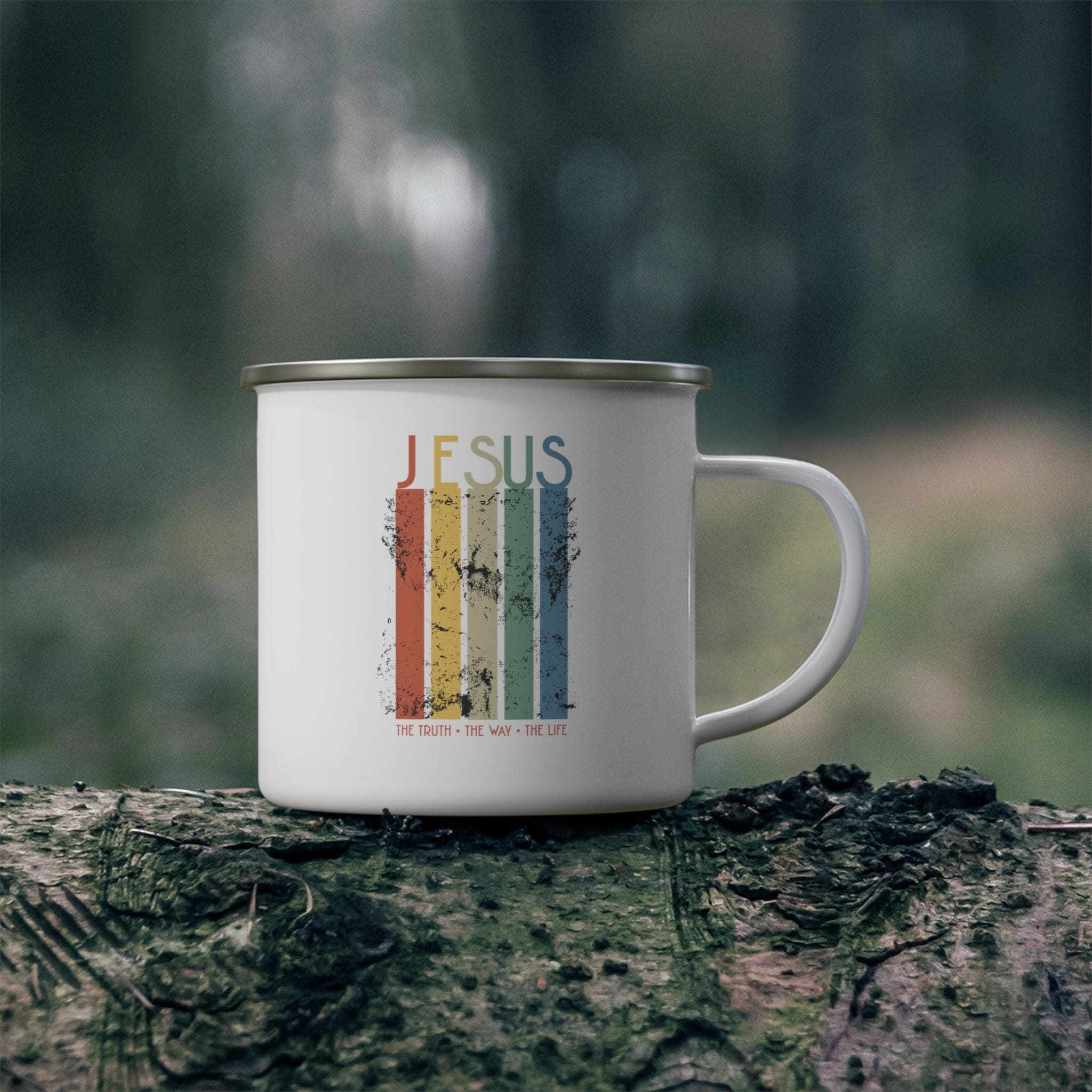 Durable enamel camping mug with Christian message 'Jesus the Truth the Way the Life', perfect for outdoor and indoor use.