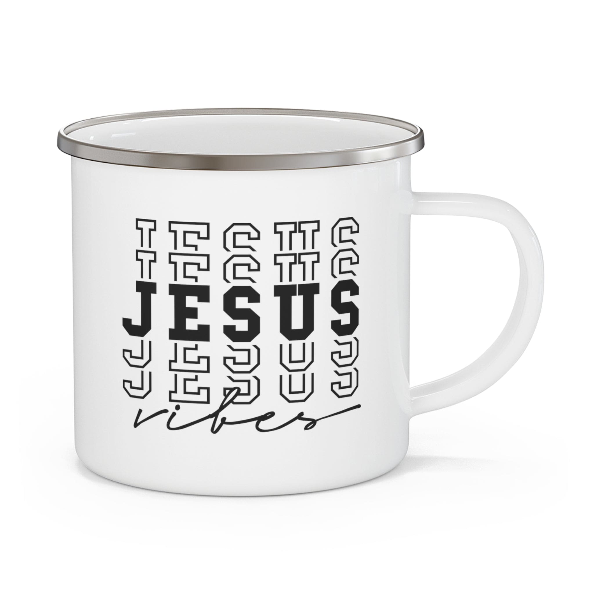 Durable enamel camping mug featuring uplifting Jesus vibes design, perfect for outdoor and indoor use.