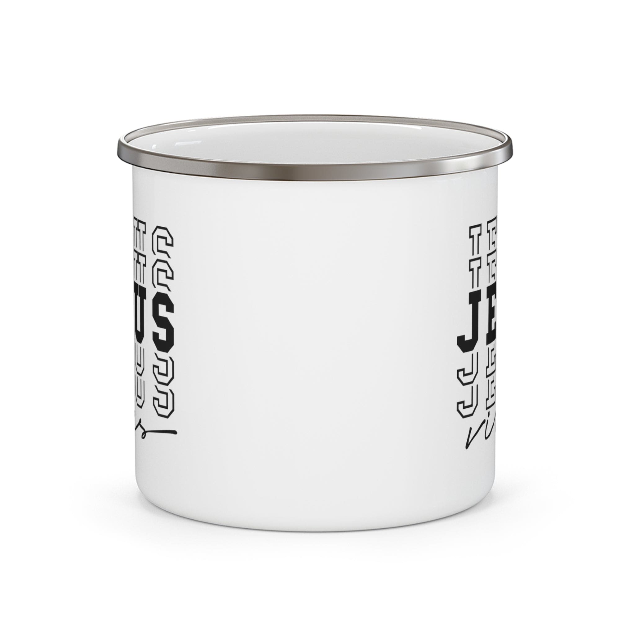 Durable enamel camping mug featuring uplifting Jesus vibes design, perfect for outdoor and indoor use.