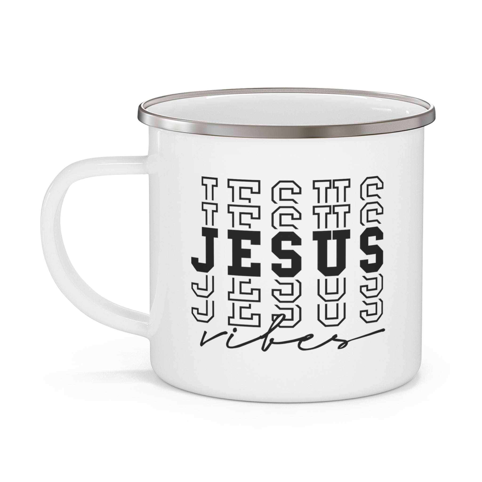 Durable enamel camping mug featuring uplifting Jesus vibes design, perfect for outdoor and indoor use.