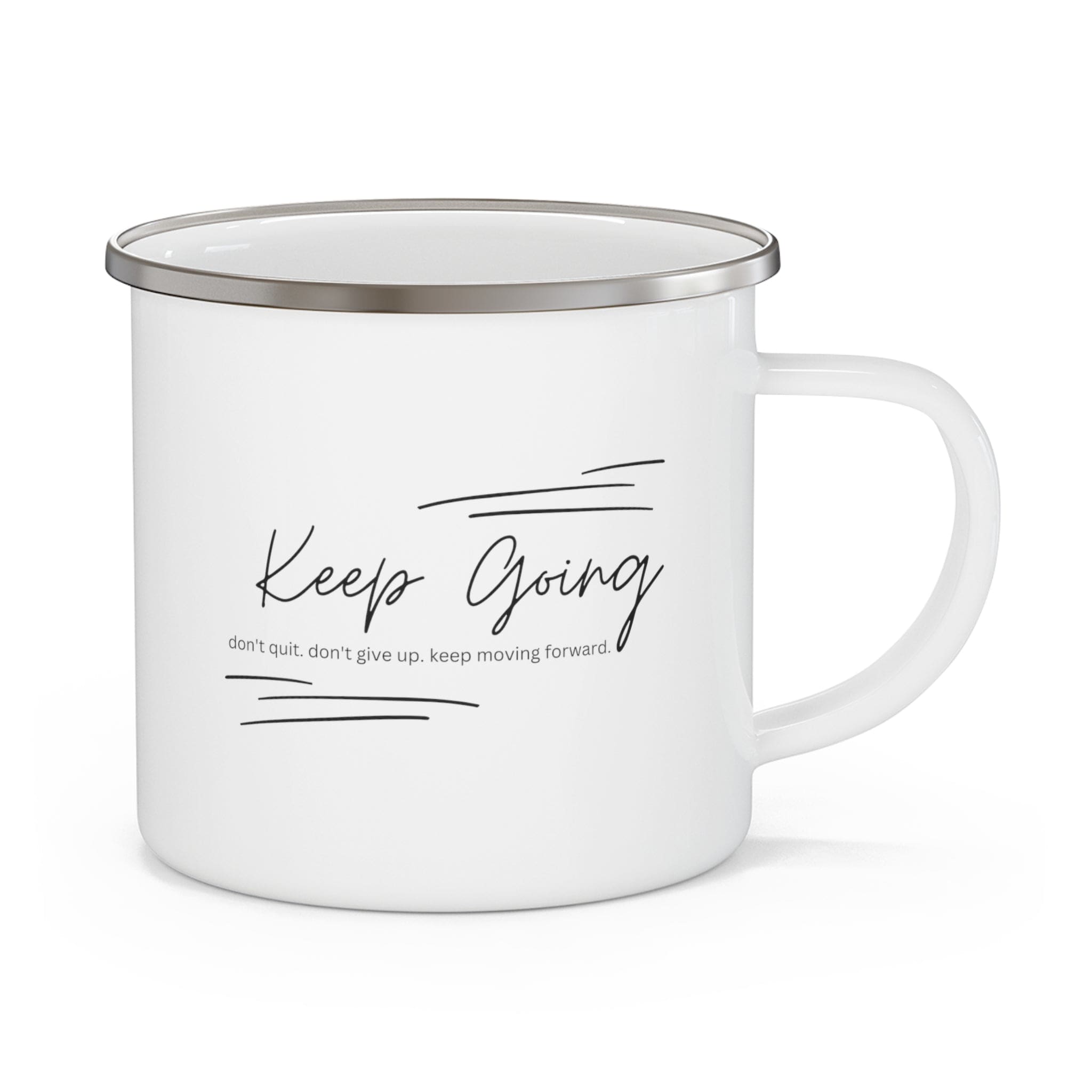 Durable enamel camping mug with a motivational 'Keep Going Don’t Give Up' design, perfect for outdoor and indoor use.