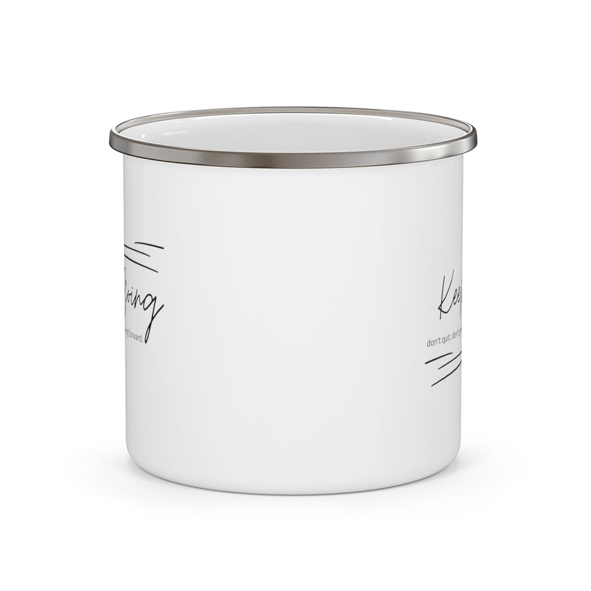 Durable enamel camping mug with a motivational 'Keep Going Don’t Give Up' design, perfect for outdoor and indoor use.