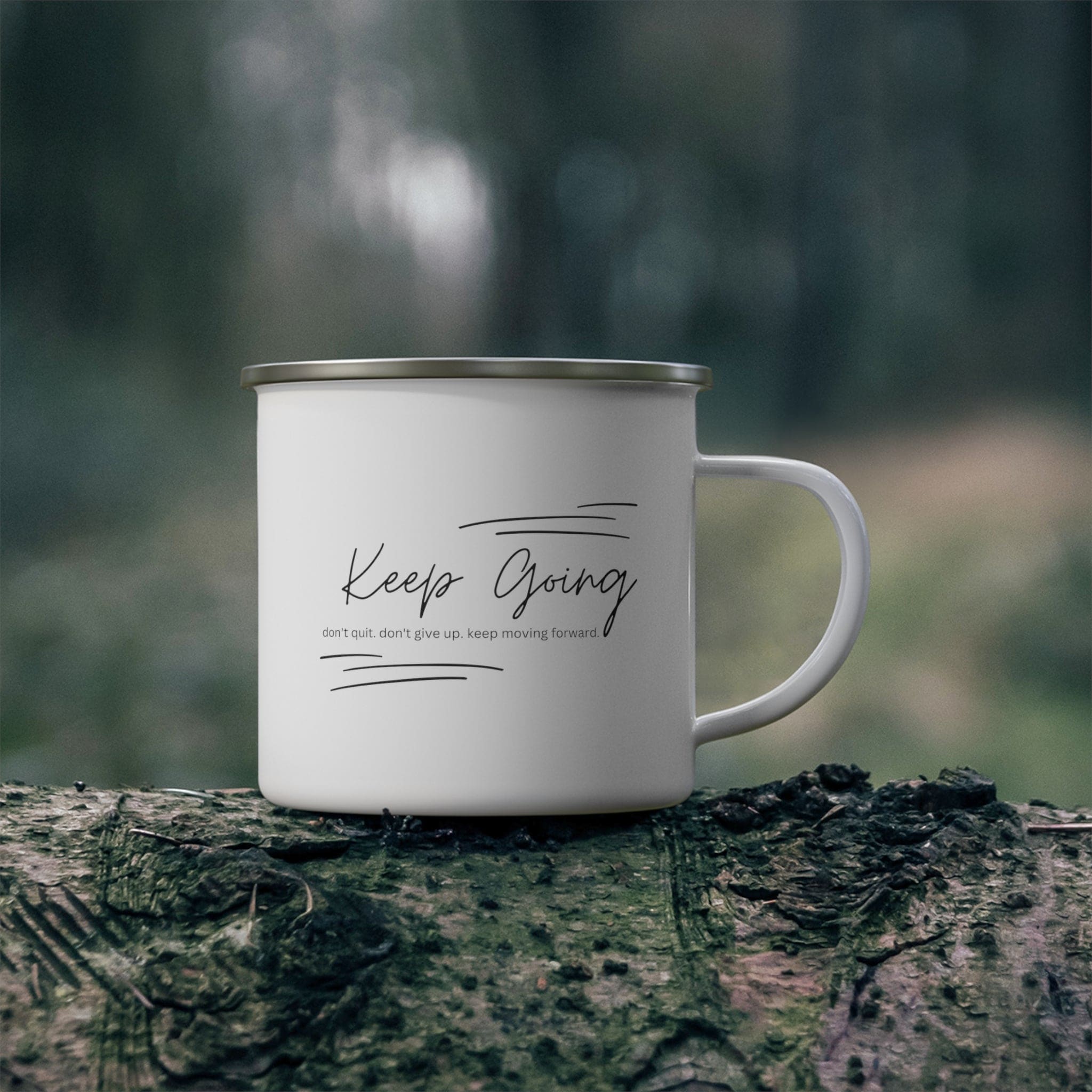 Durable enamel camping mug with a motivational 'Keep Going Don’t Give Up' design, perfect for outdoor and indoor use.