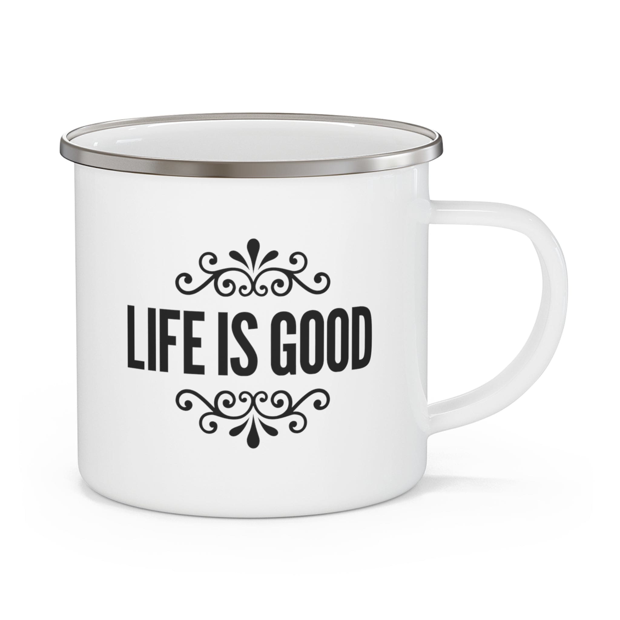 Life is Good Enamel Camping Mug with black graphic illustration, featuring a durable stainless steel body and C-handle design.