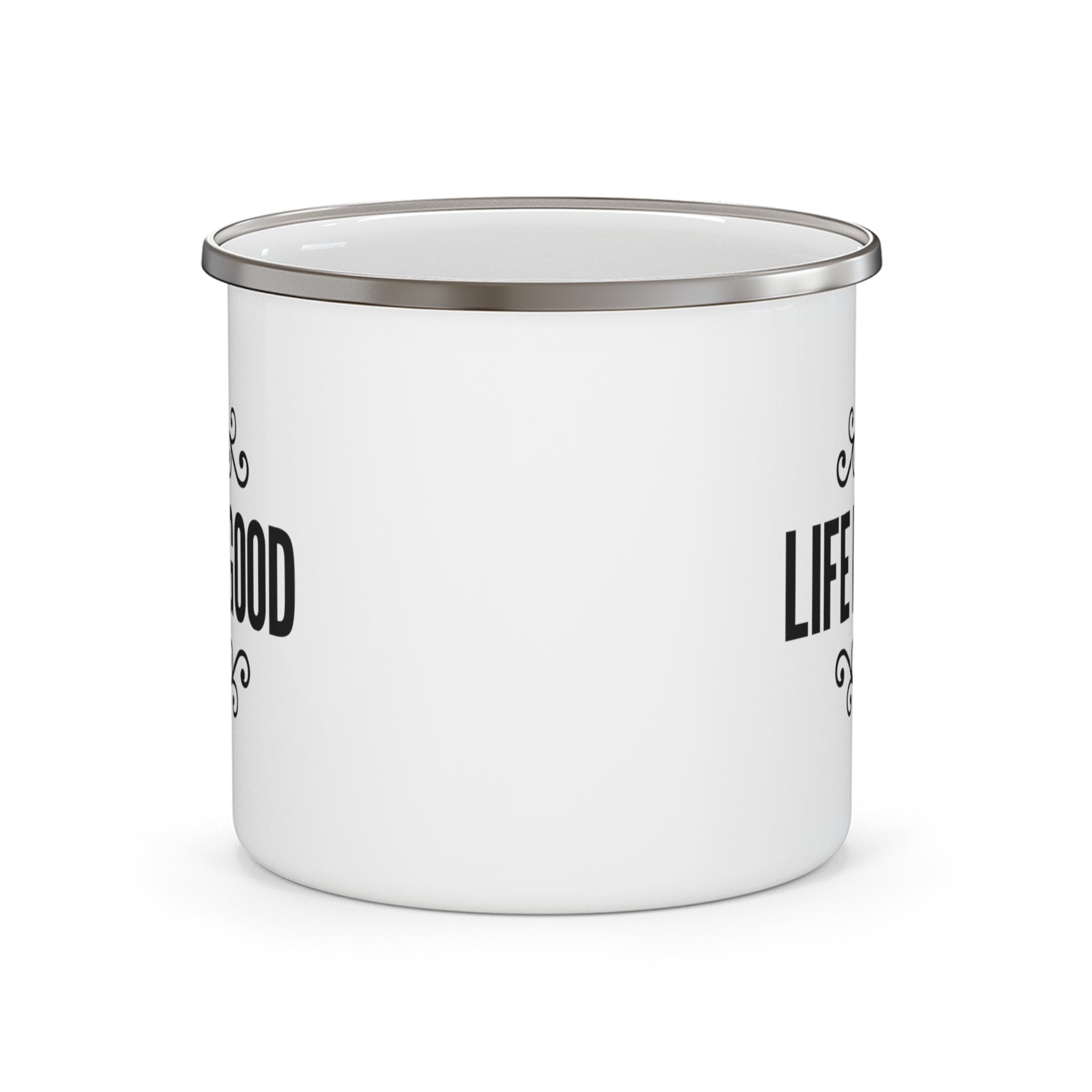 Life is Good Enamel Camping Mug with black graphic illustration, featuring a durable stainless steel body and C-handle design.