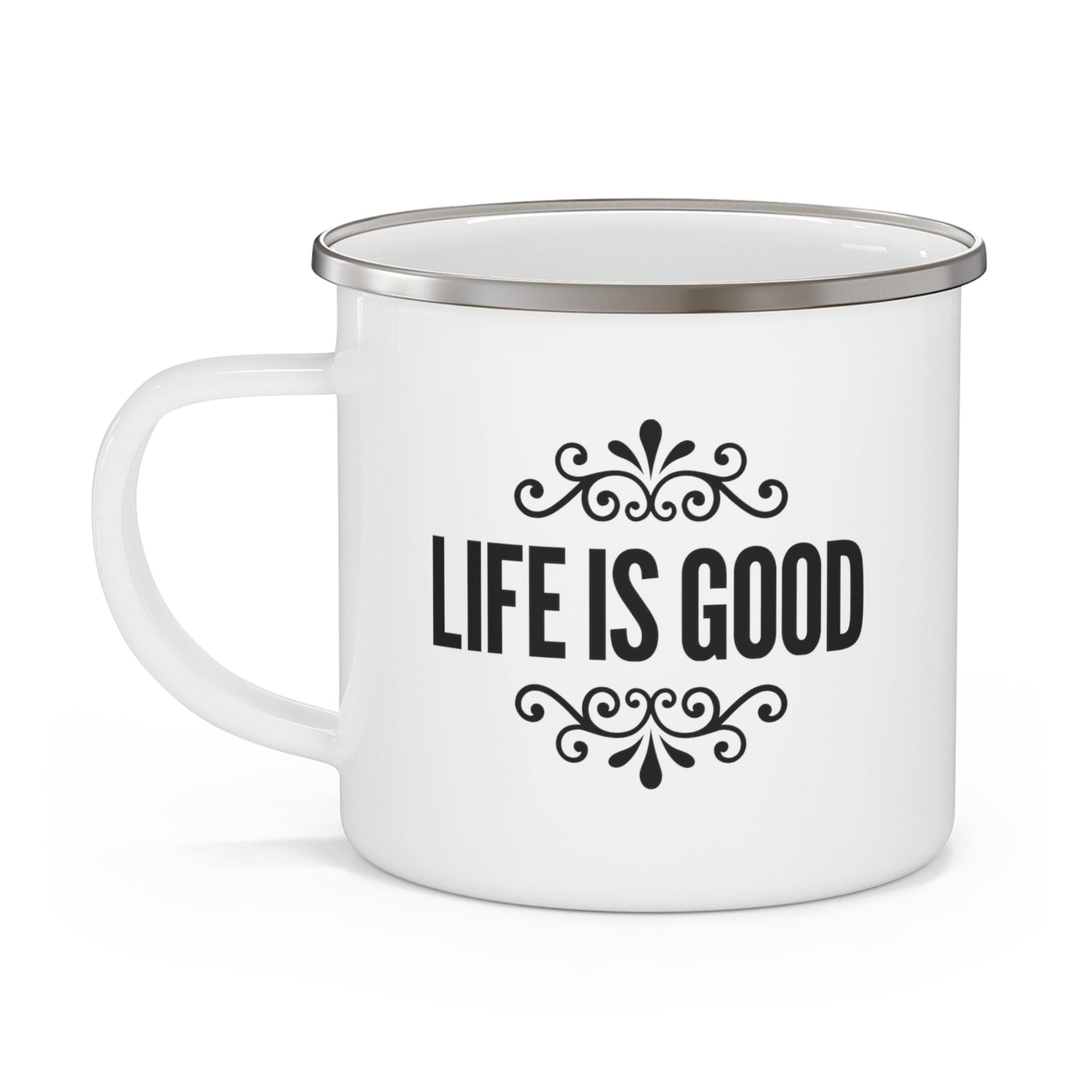 Life is Good Enamel Camping Mug with black graphic illustration, featuring a durable stainless steel body and C-handle design.