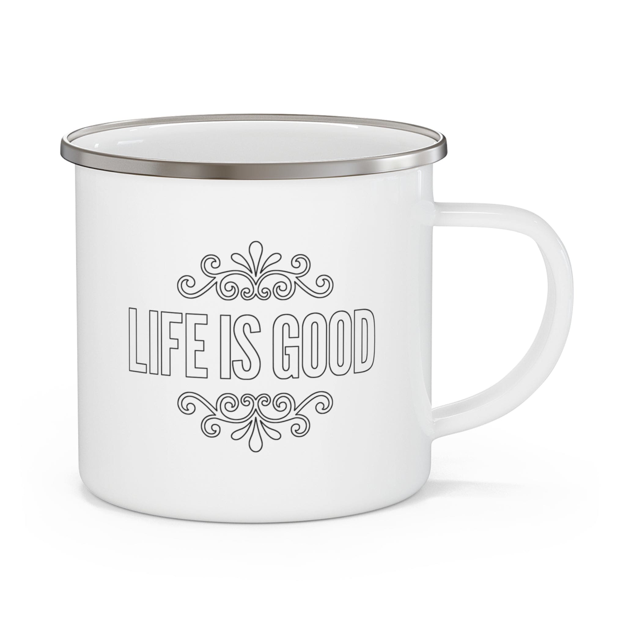 Durable enamel camping mug featuring a black outline graphic illustration with the phrase 'Life is Good'. Perfect for outdoor and indoor use.