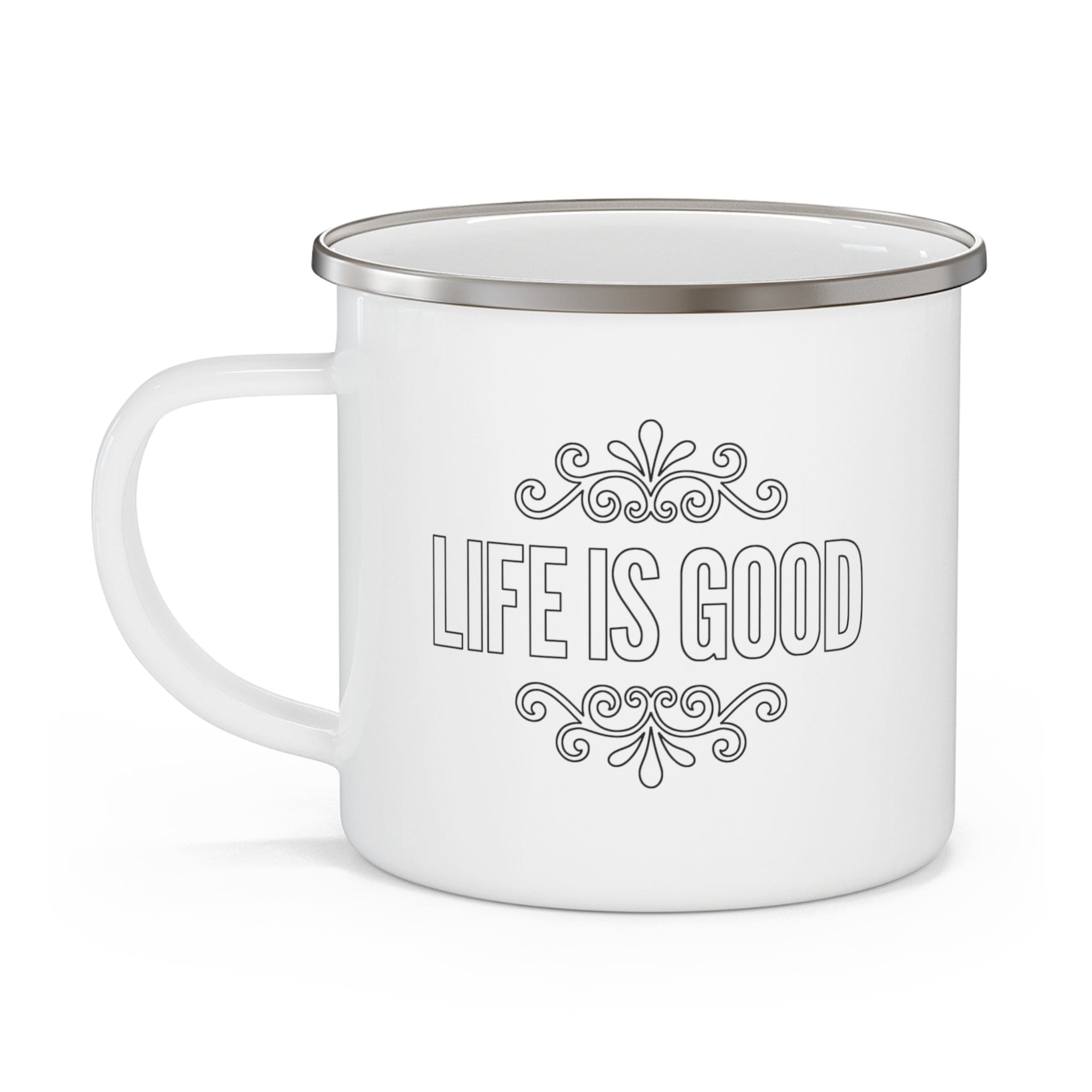 Durable enamel camping mug featuring a black outline graphic illustration with the phrase 'Life is Good'. Perfect for outdoor and indoor use.