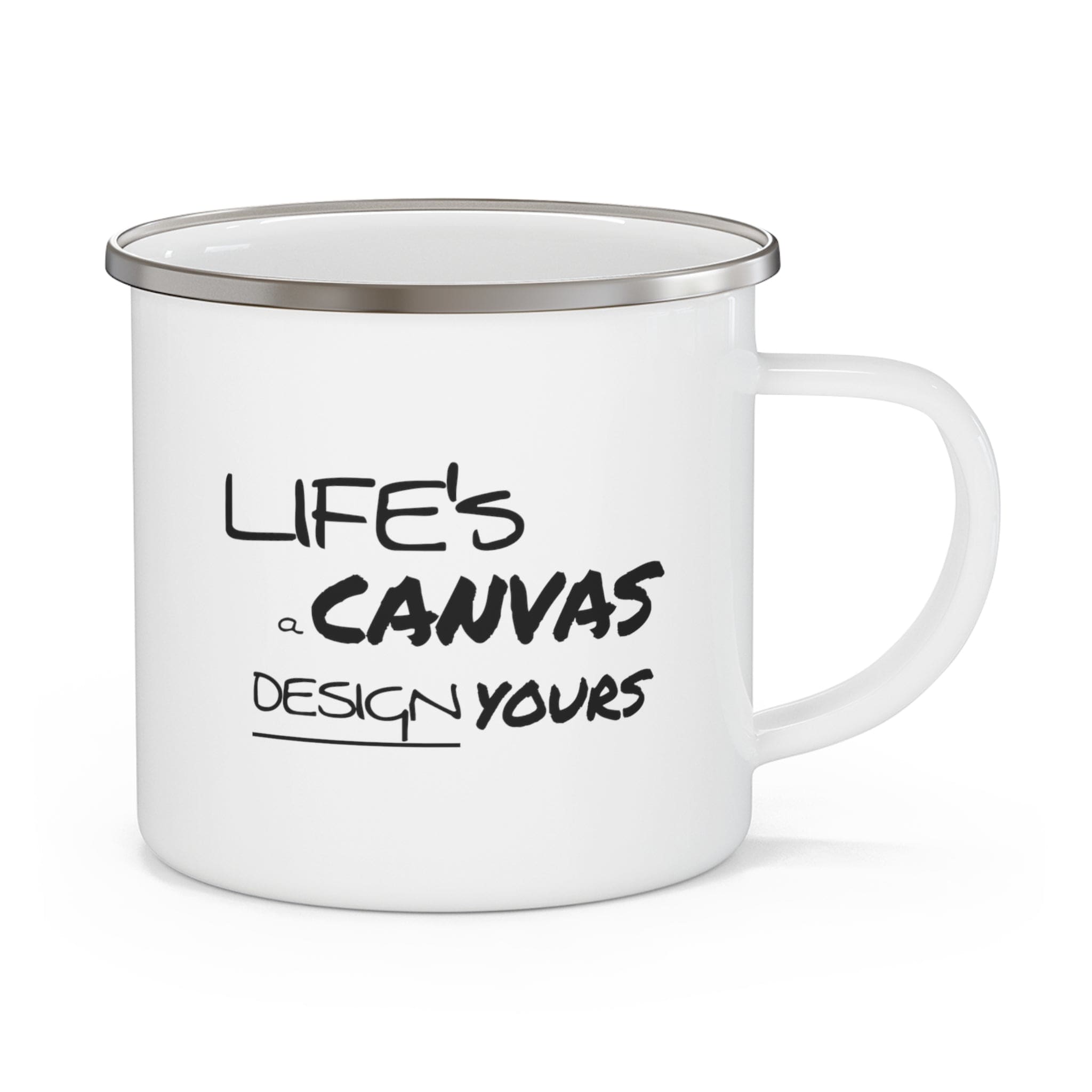 Durable enamel camping mug featuring a motivational design, perfect for coffee and outdoor activities.