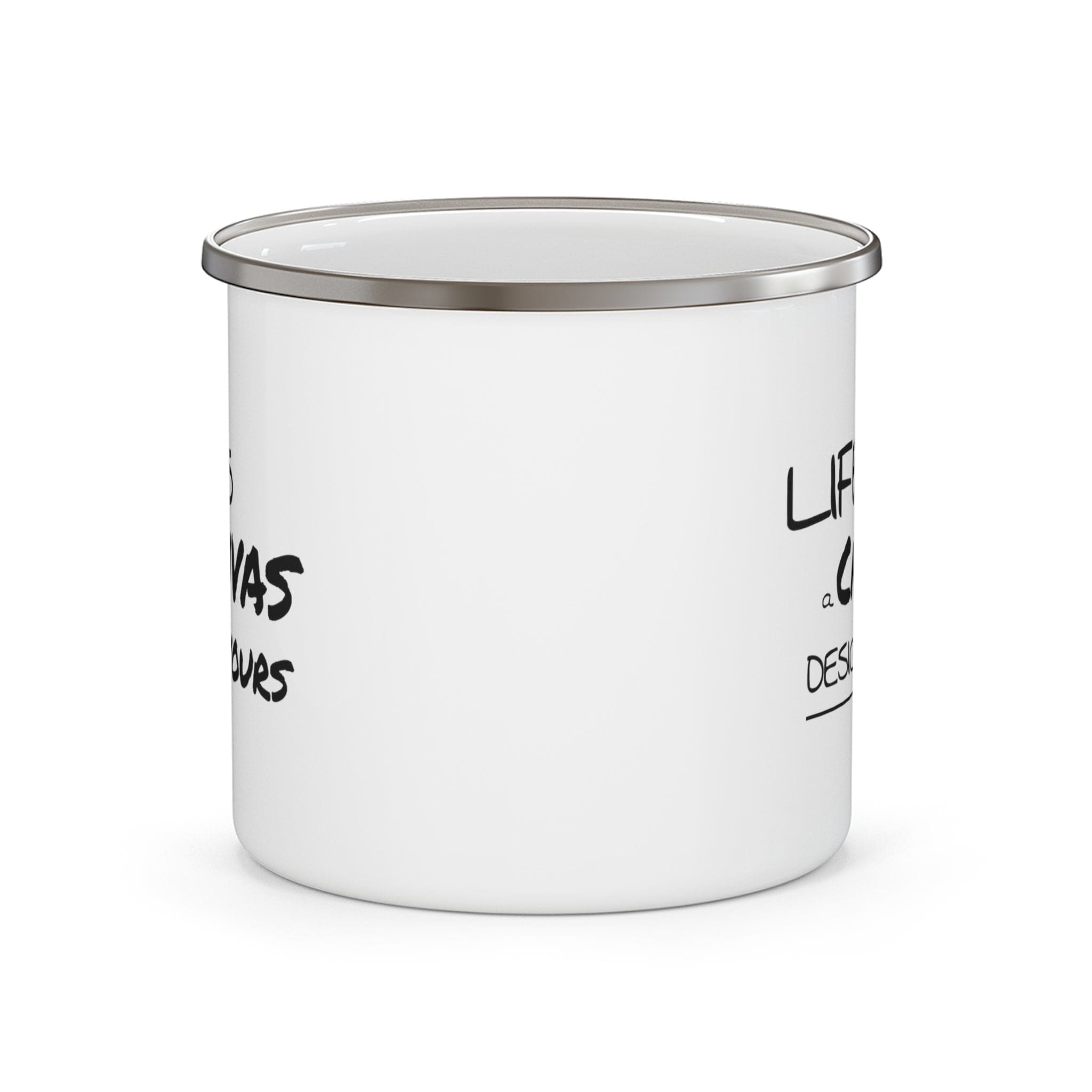 Durable enamel camping mug featuring a motivational design, perfect for coffee and outdoor activities.