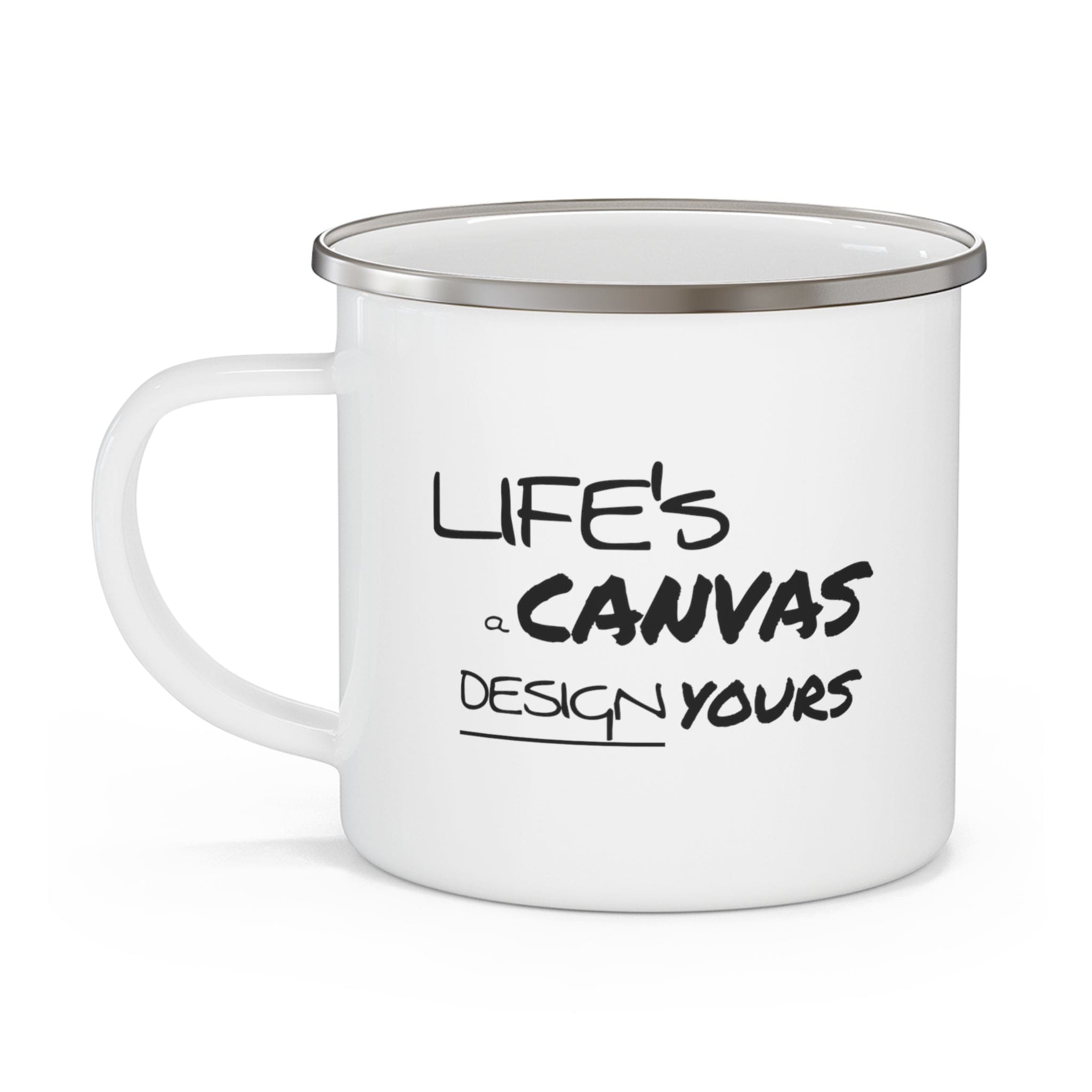 Durable enamel camping mug featuring a motivational design, perfect for coffee and outdoor activities.