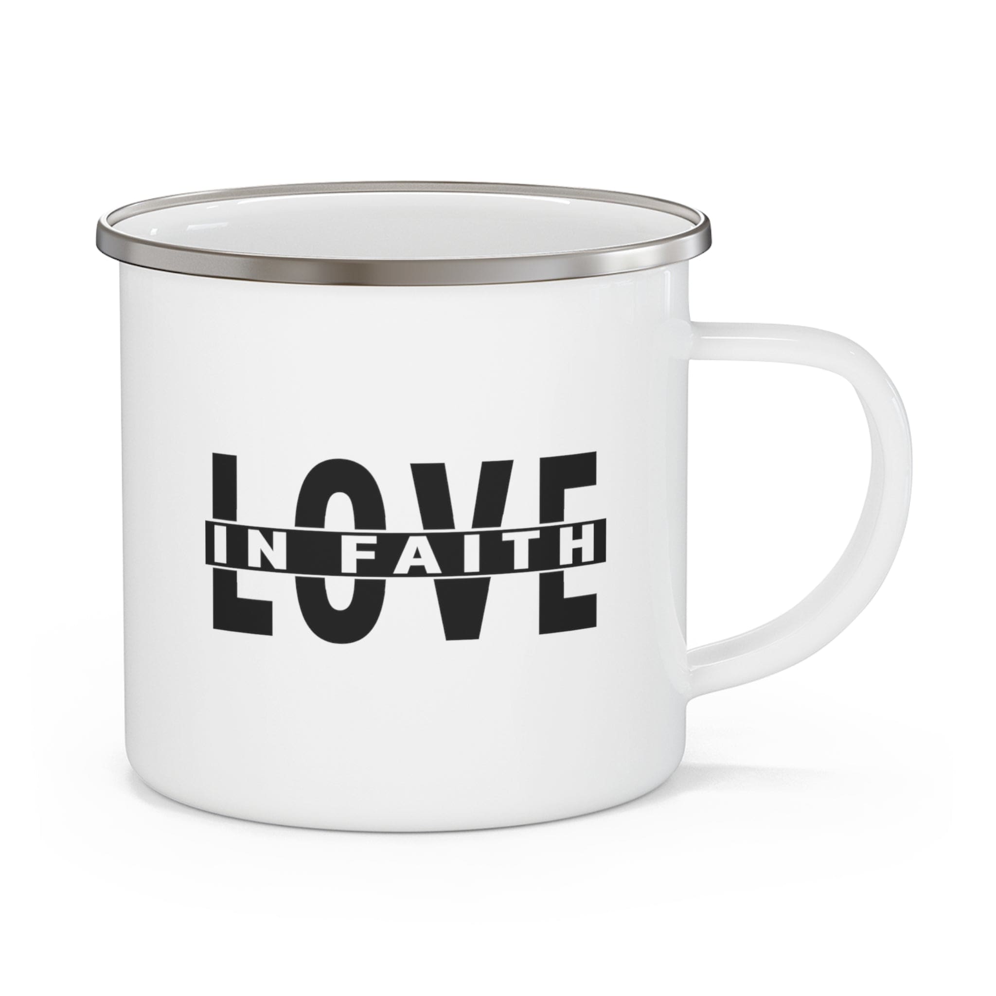 Durable enamel camping mug featuring a black illustration of love and faith, perfect for outdoor and indoor use.