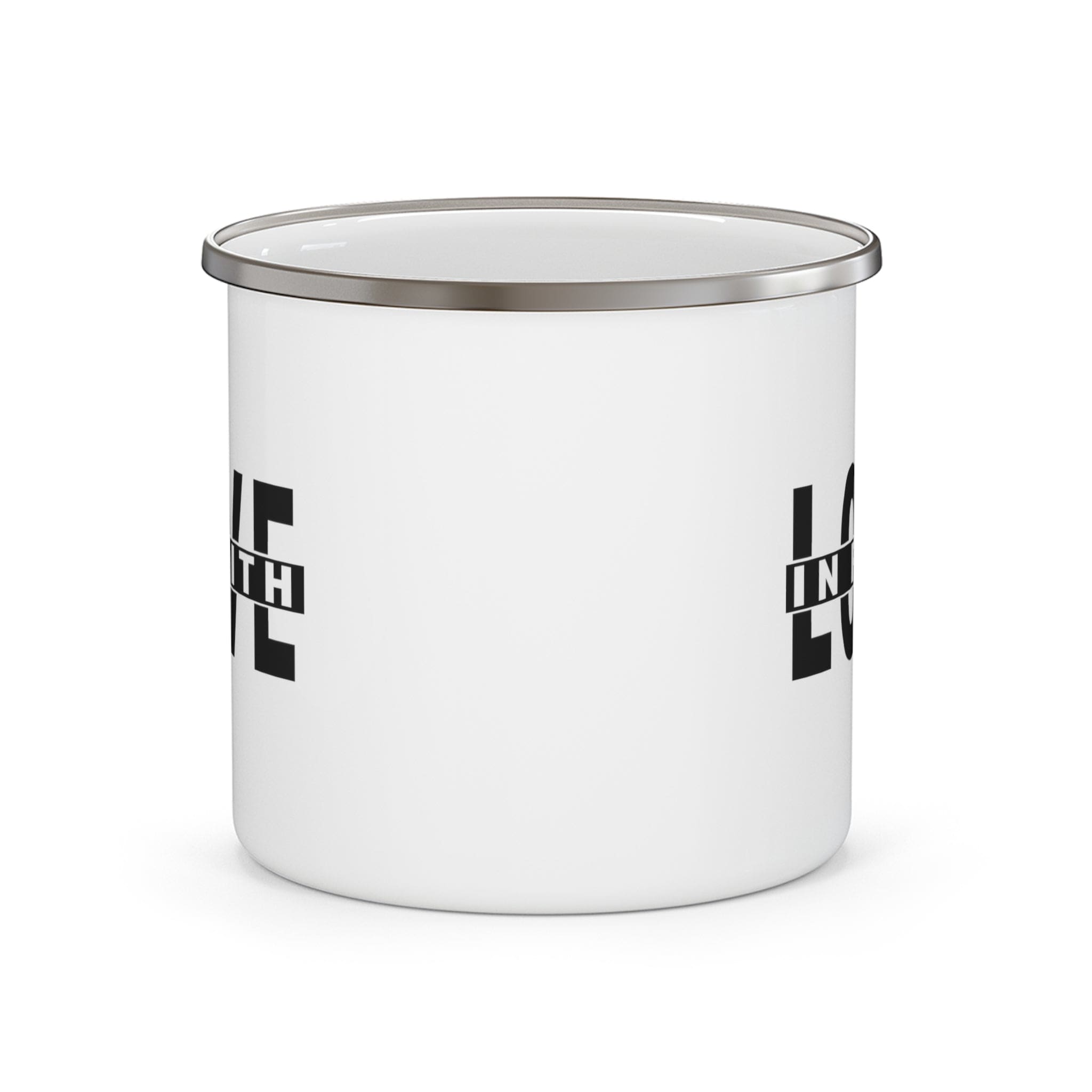 Durable enamel camping mug featuring a black illustration of love and faith, perfect for outdoor and indoor use.