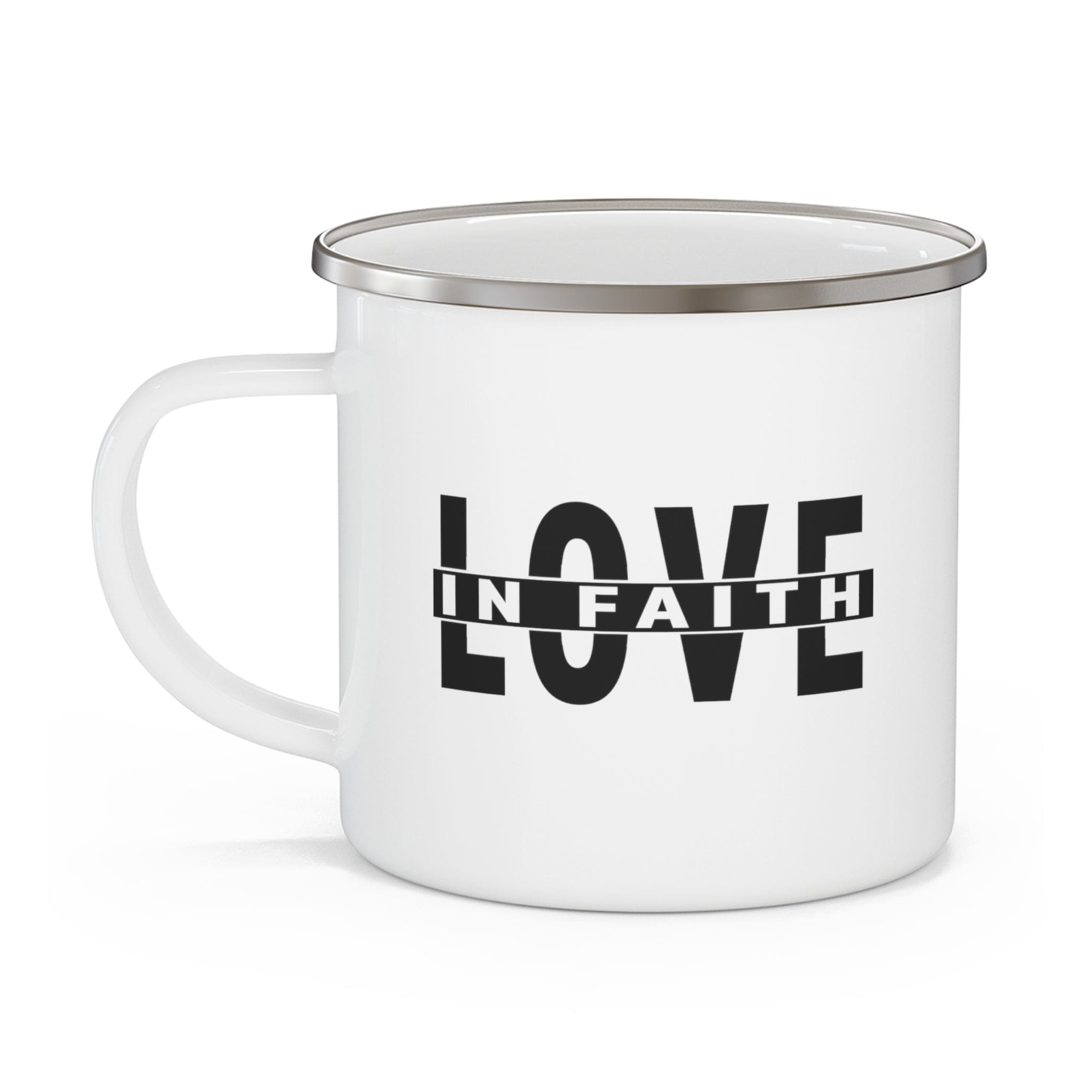 Durable enamel camping mug featuring a black illustration of love and faith, perfect for outdoor and indoor use.