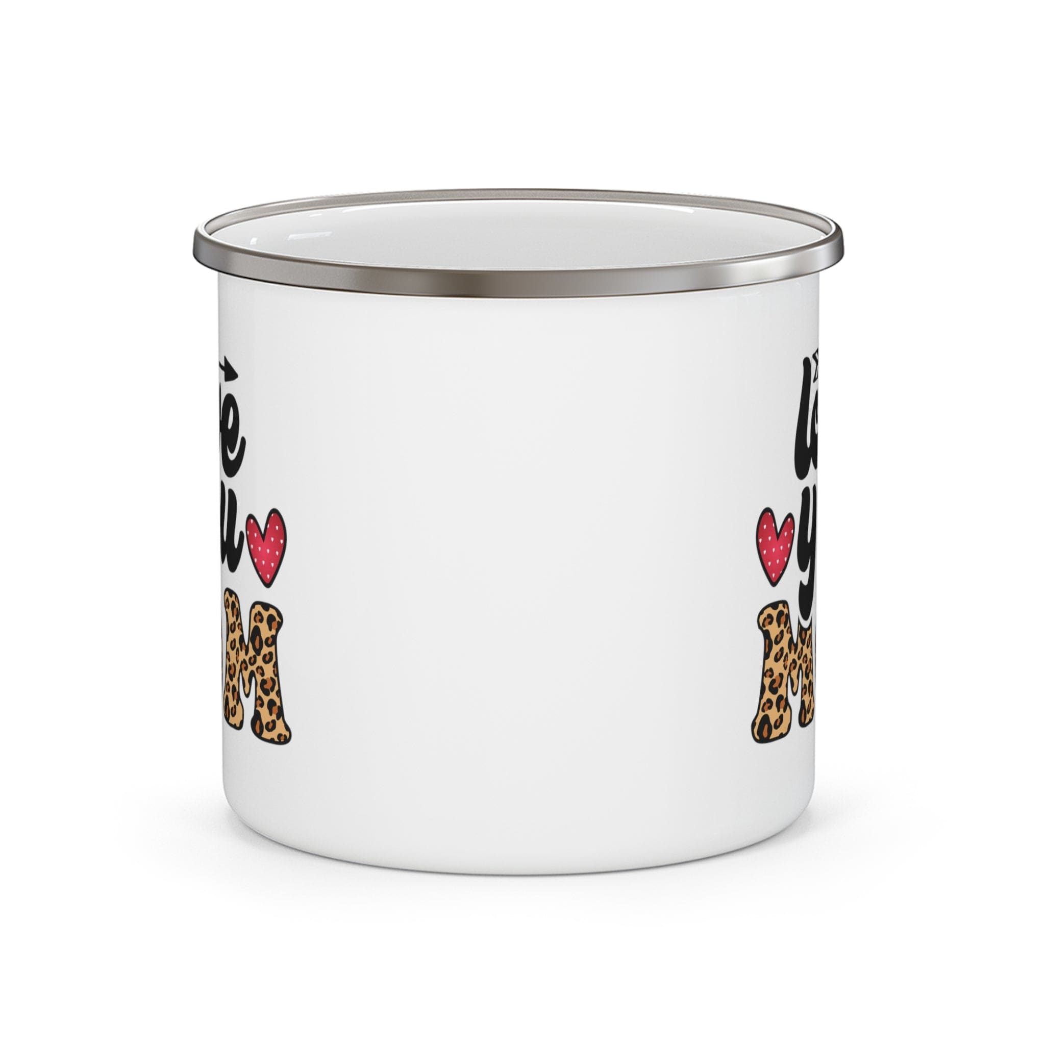 Enamel camping mug featuring a leopard print design with a black illustration, perfect for coffee and outdoor activities.