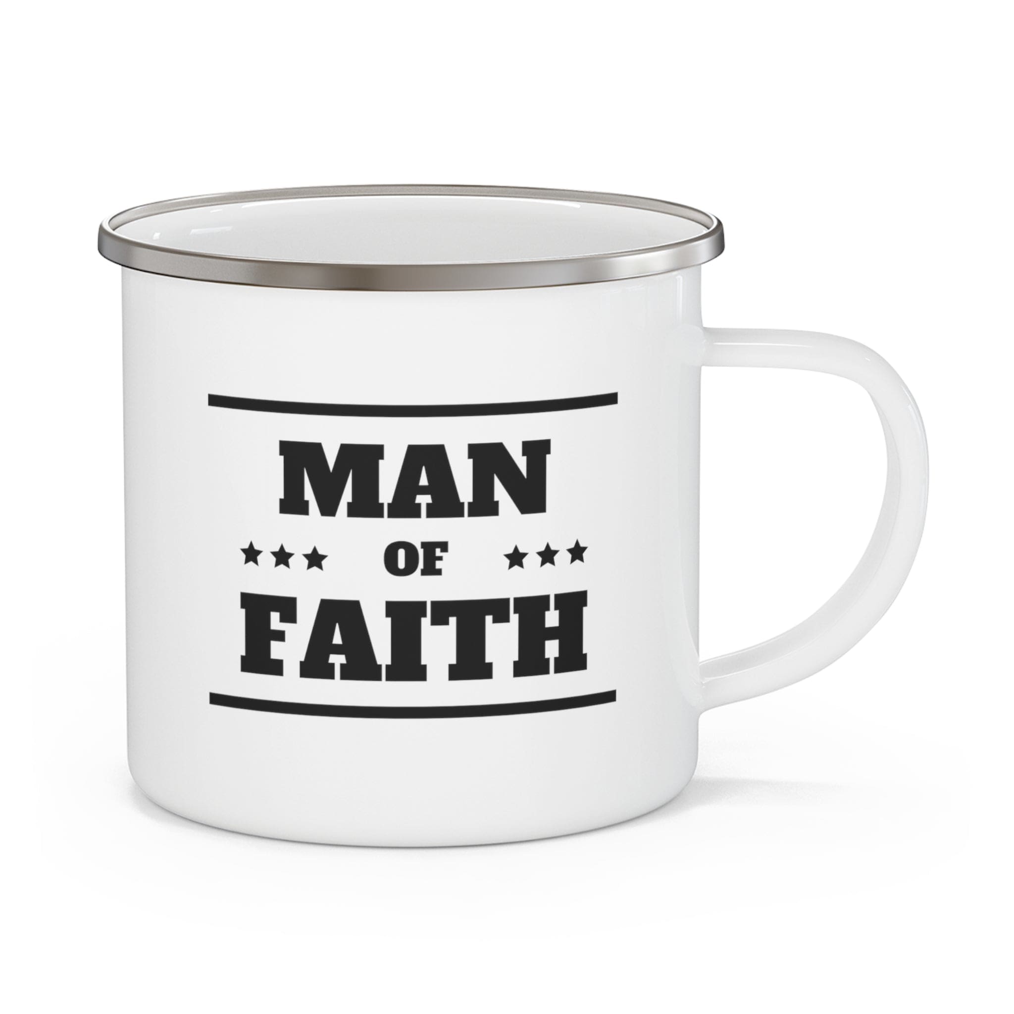 Enamel camping mug featuring a black illustration of a man of faith, perfect for outdoor and indoor use.