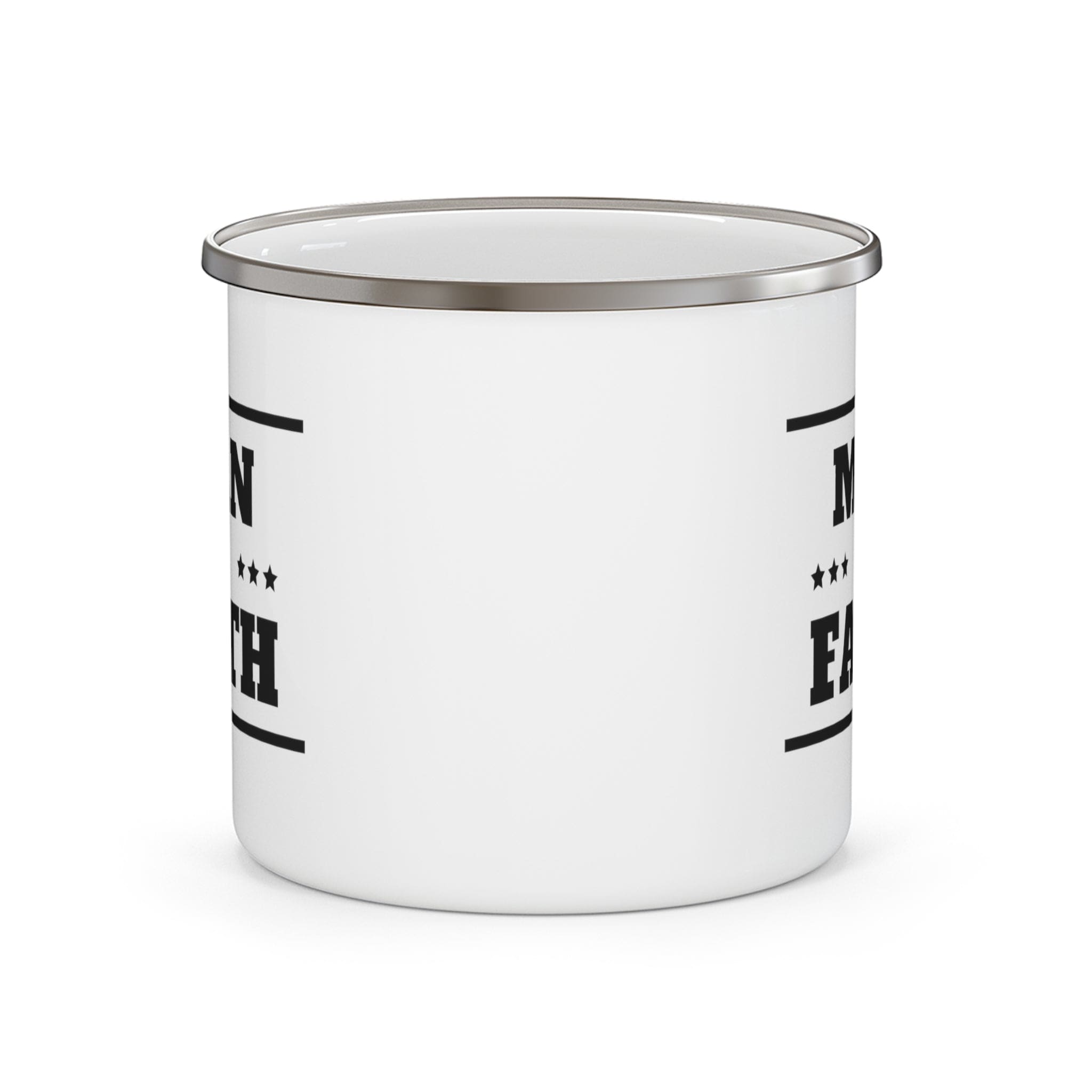 Enamel camping mug featuring a black illustration of a man of faith, perfect for outdoor and indoor use.