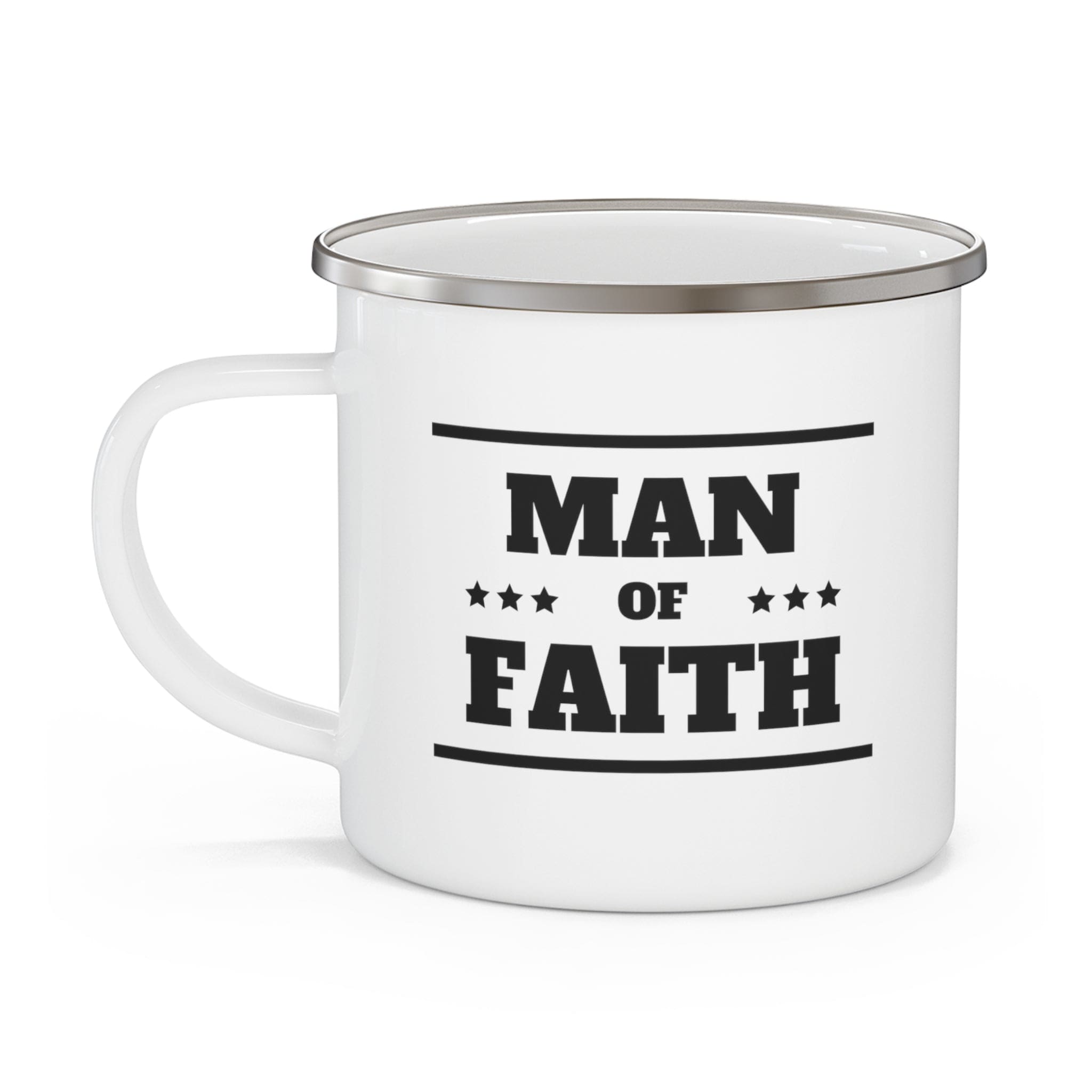 Enamel camping mug featuring a black illustration of a man of faith, perfect for outdoor and indoor use.