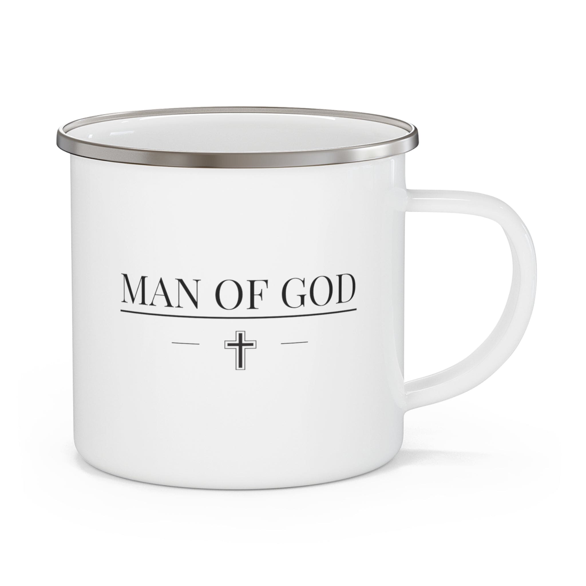 Durable enamel camping mug featuring a Man of God black print design, perfect for outdoor and indoor use.