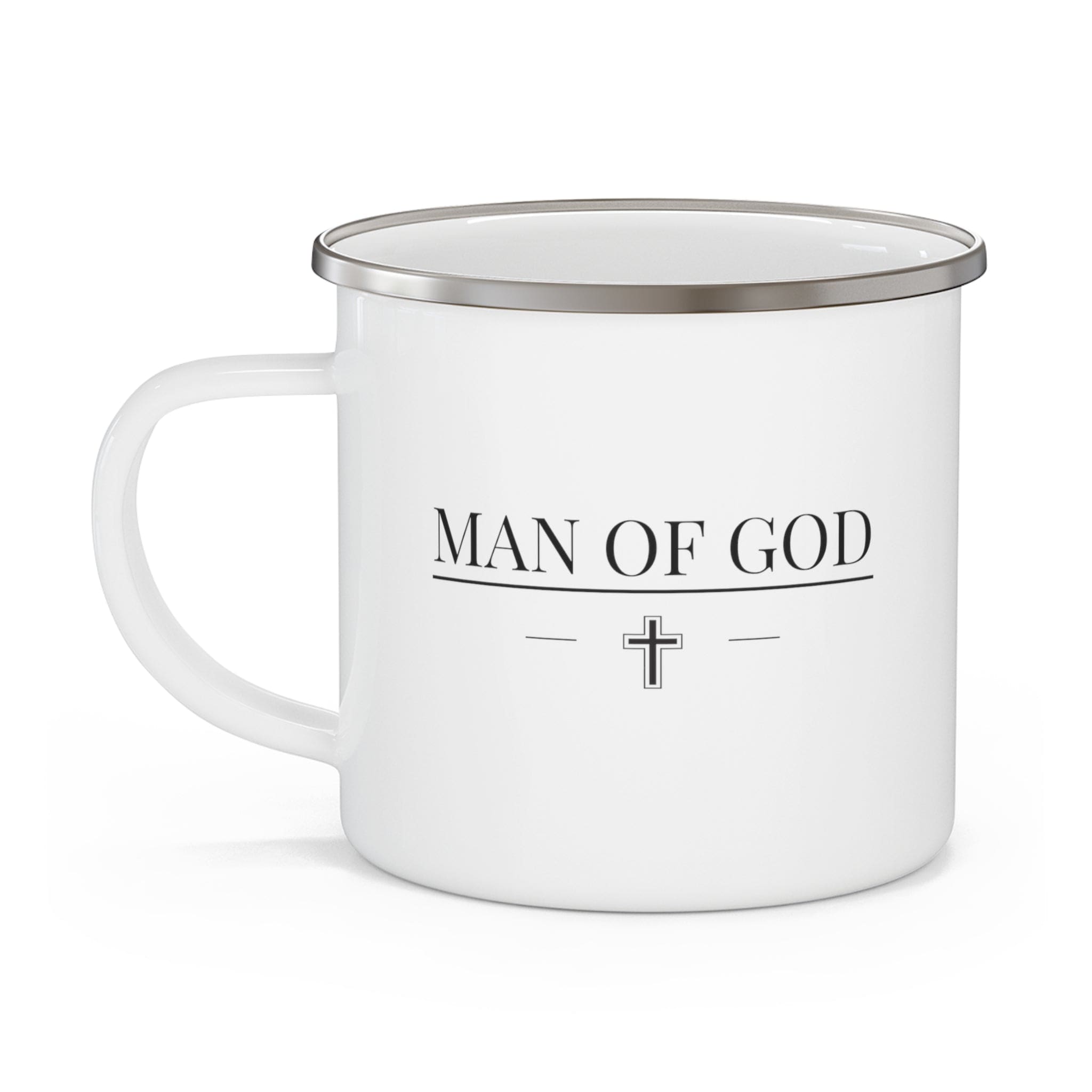 Durable enamel camping mug featuring a Man of God black print design, perfect for outdoor and indoor use.