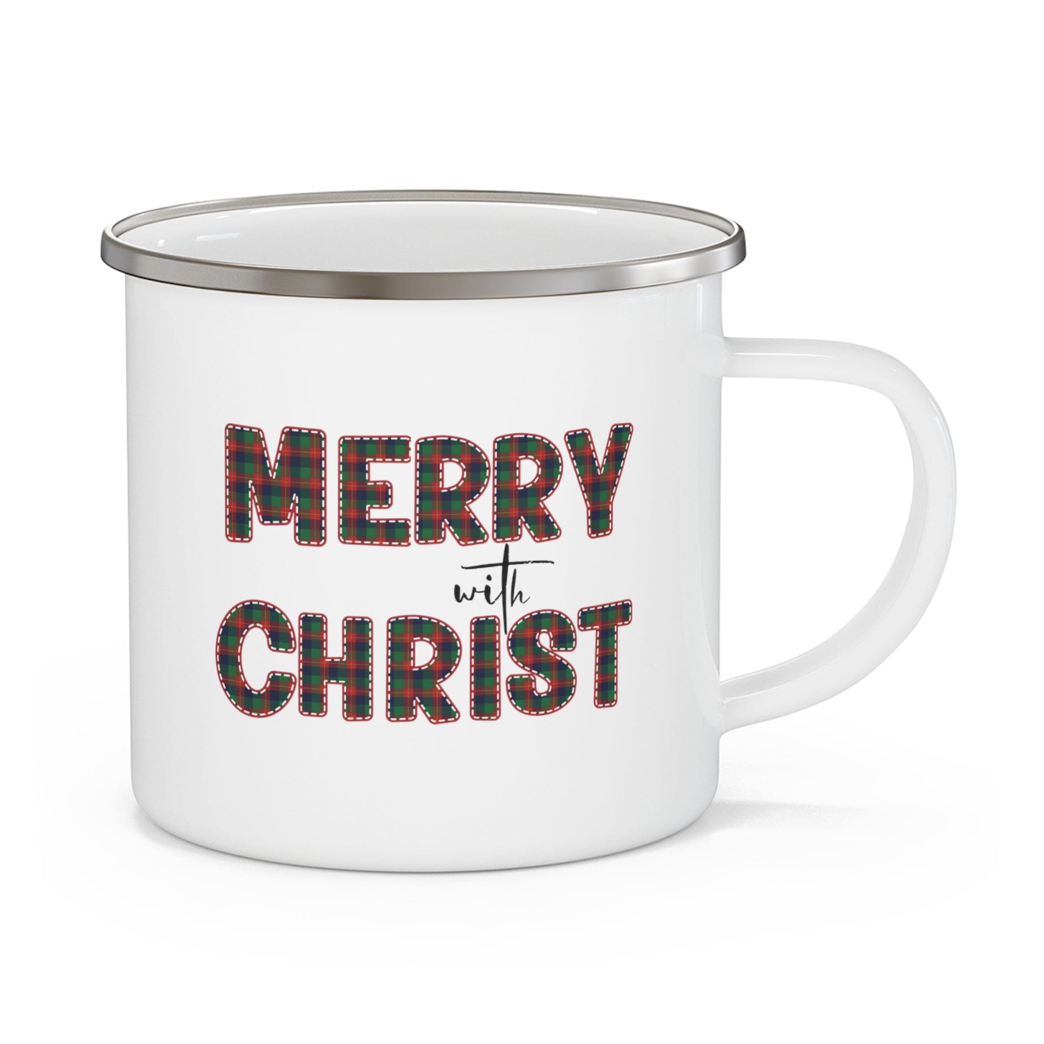 Red and green plaid enamel camping mug with Merry with Christ design, perfect for Christmas celebrations.