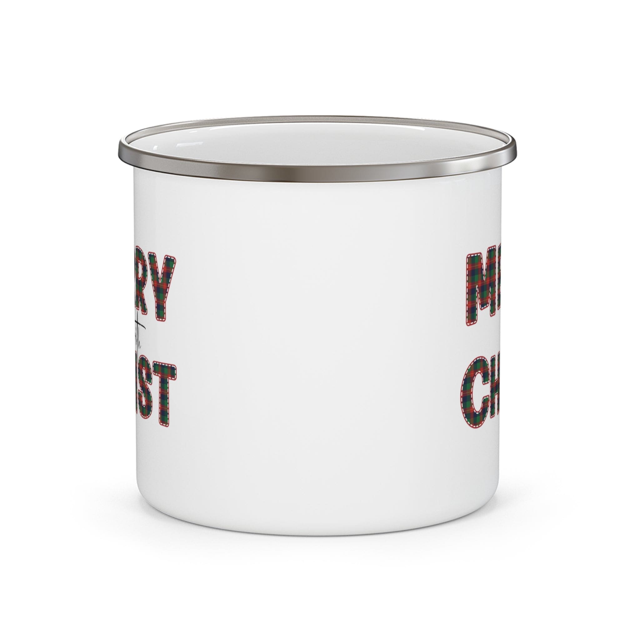 Red and green plaid enamel camping mug with Merry with Christ design, perfect for Christmas celebrations.