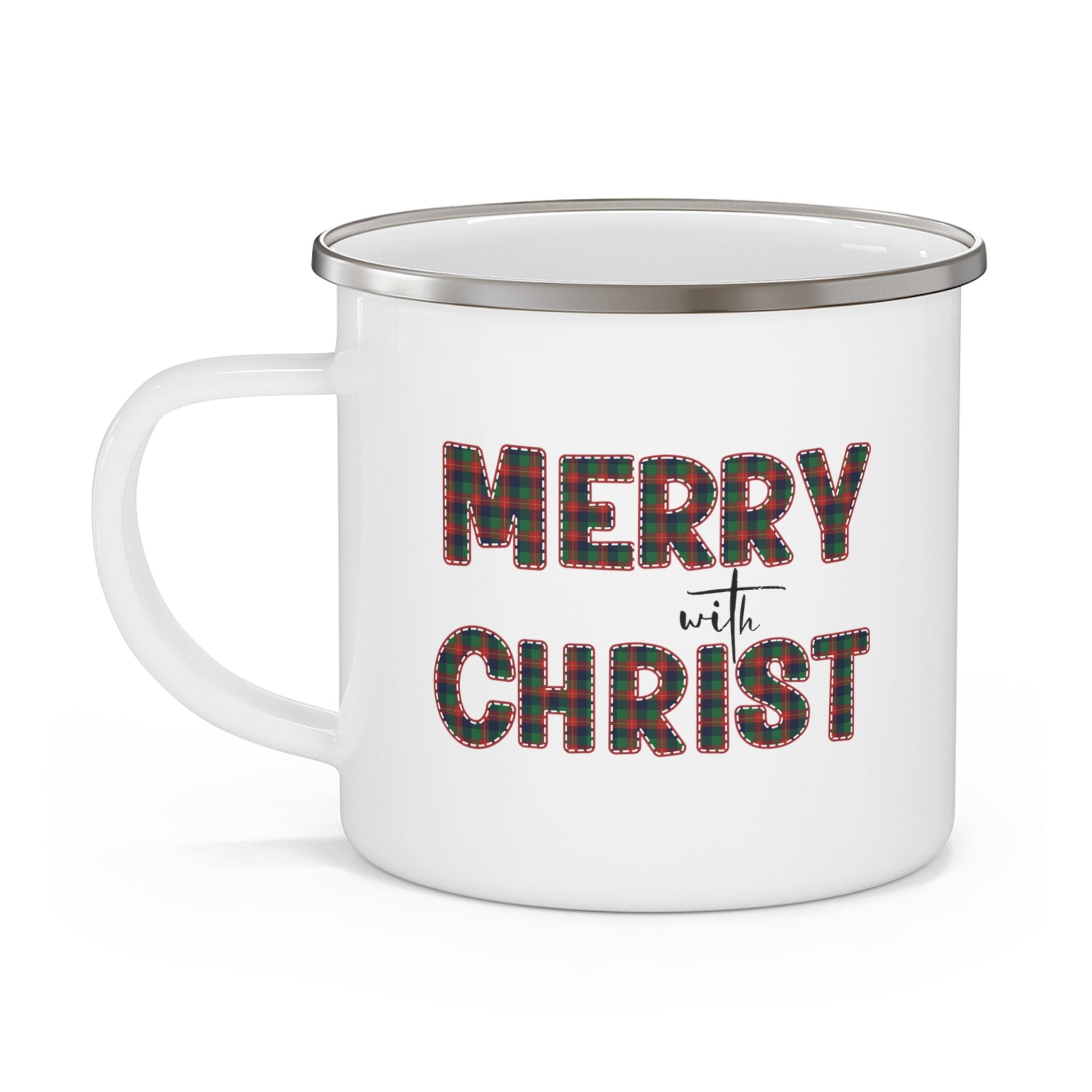 Red and green plaid enamel camping mug with Merry with Christ design, perfect for Christmas celebrations.