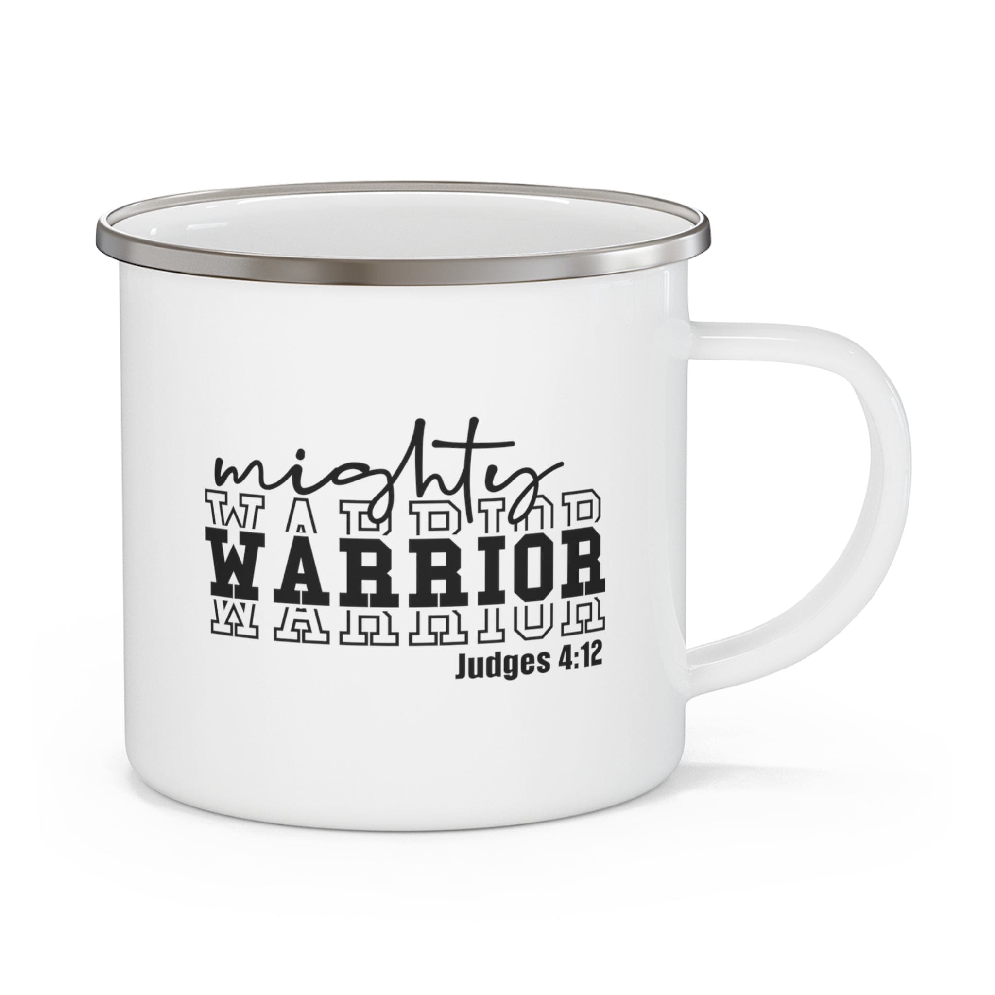 Mighty Warrior Enamel Camping Mug featuring a black warrior illustration, durable stainless steel, and a comfortable C-handle.