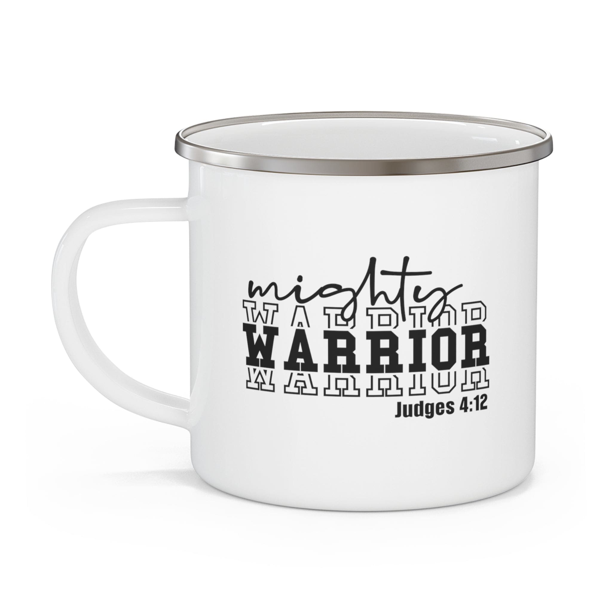 Mighty Warrior Enamel Camping Mug featuring a black warrior illustration, durable stainless steel, and a comfortable C-handle.