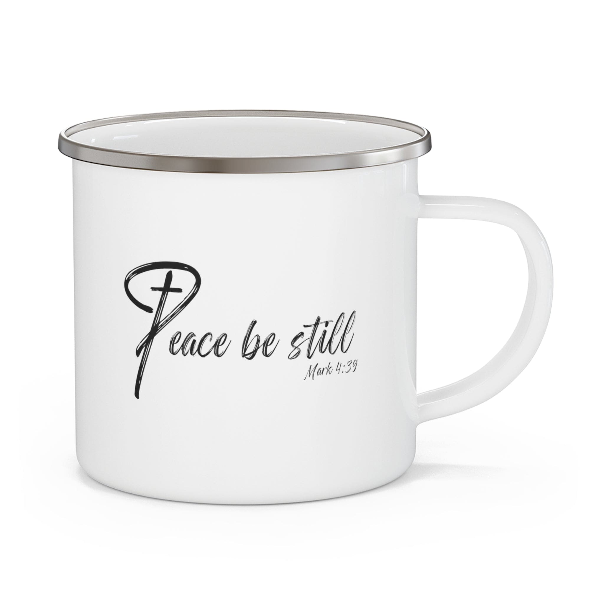 Enamel camping mug with 'Peace Be Still' design, featuring a sturdy stainless steel body and a comfortable C-handle.