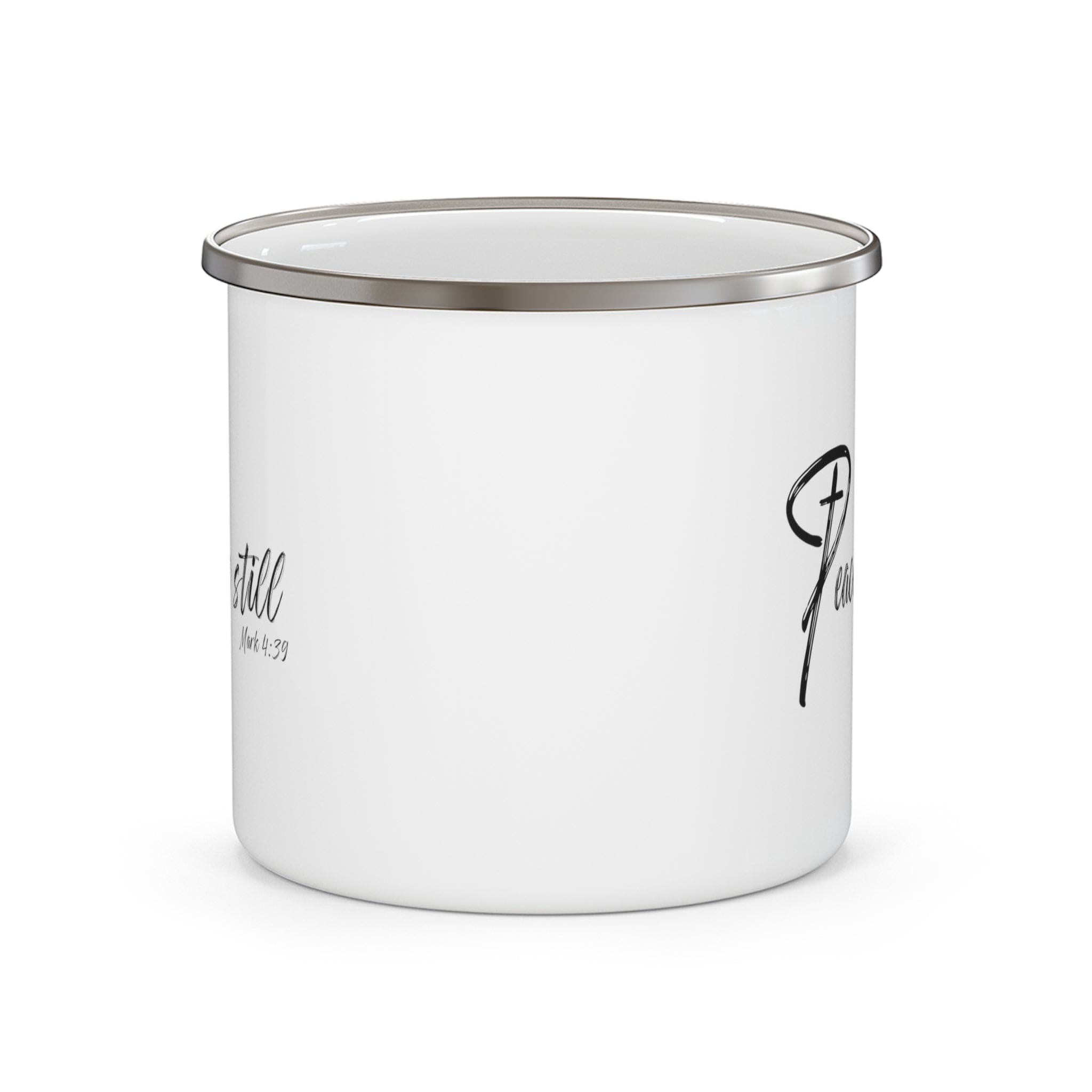 Enamel camping mug with 'Peace Be Still' design, featuring a sturdy stainless steel body and a comfortable C-handle.