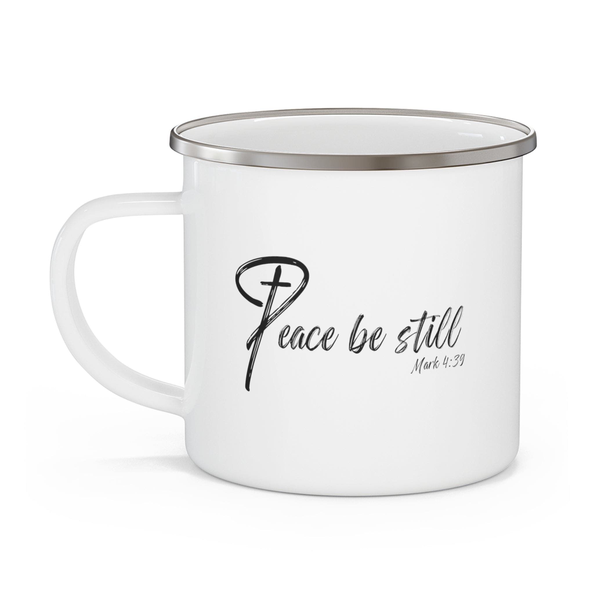 Enamel camping mug with 'Peace Be Still' design, featuring a sturdy stainless steel body and a comfortable C-handle.