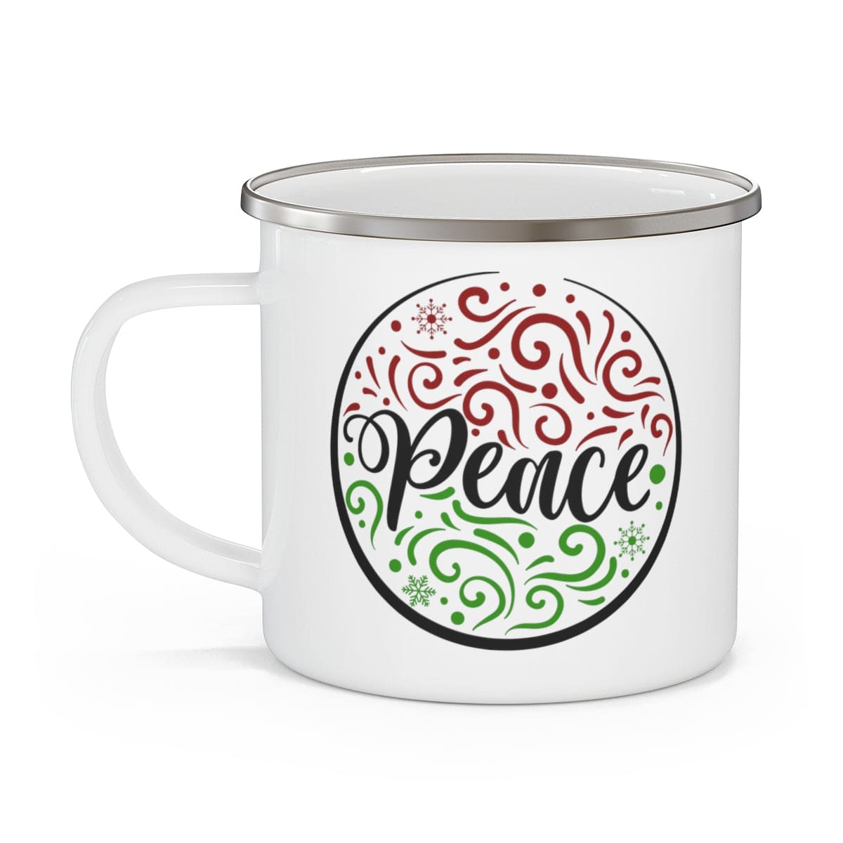 Durable enamel camping mug with Peace Holiday Print, perfect for beverages.