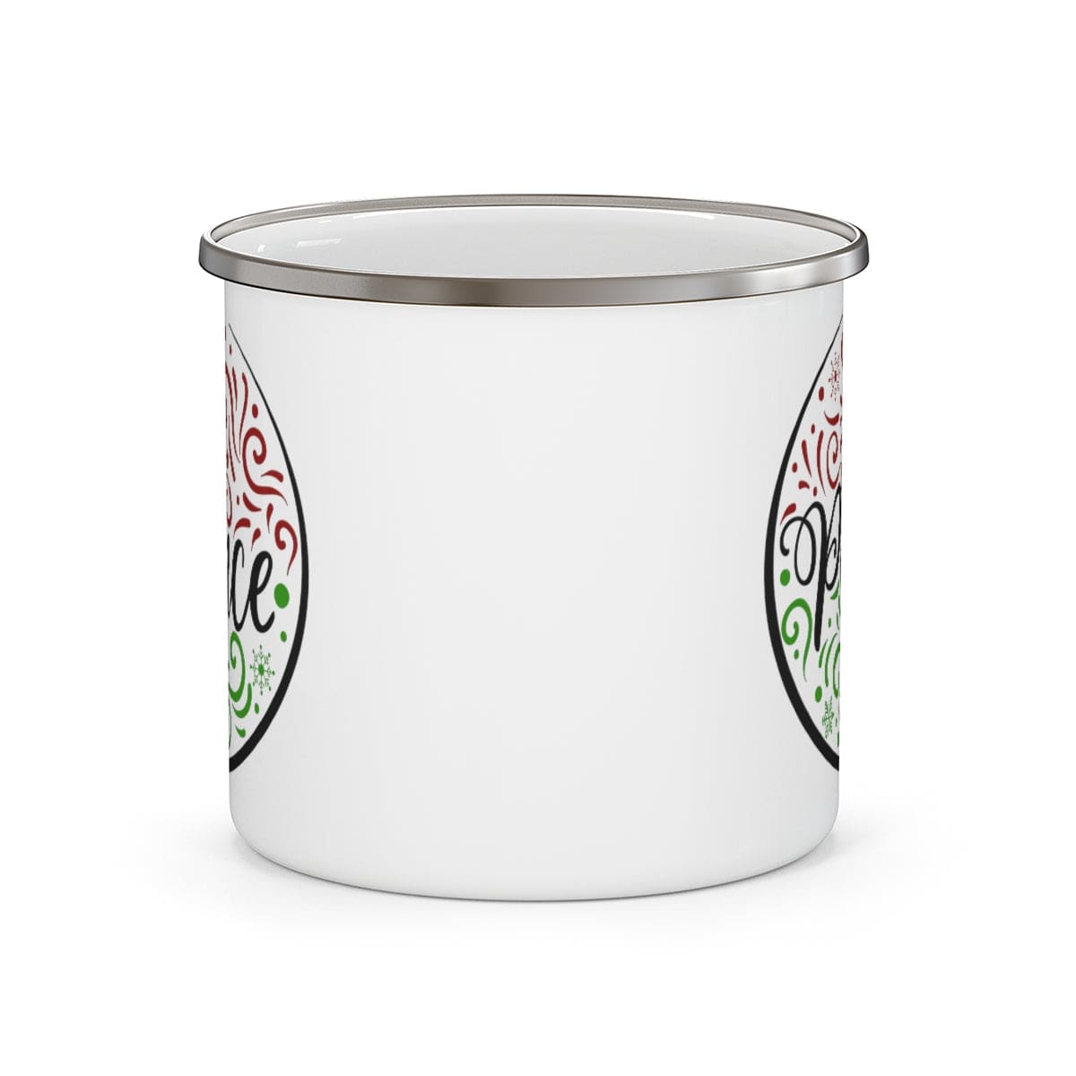 Durable enamel camping mug with Peace Holiday Print, perfect for beverages.